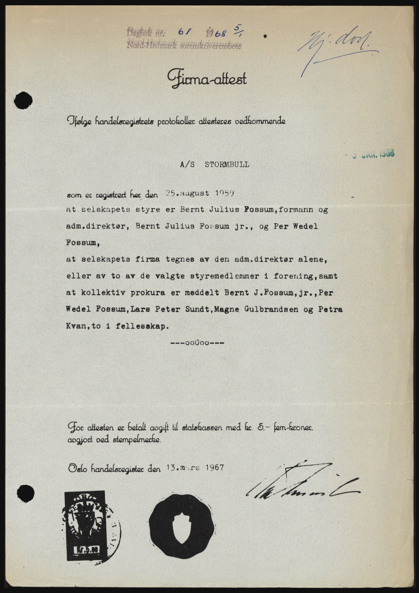 Nord-Hedmark sorenskriveri, SAH/TING-012/H/Hc/L0027: Mortgage book no. 27, 1967-1968, Diary no: : 61/1968