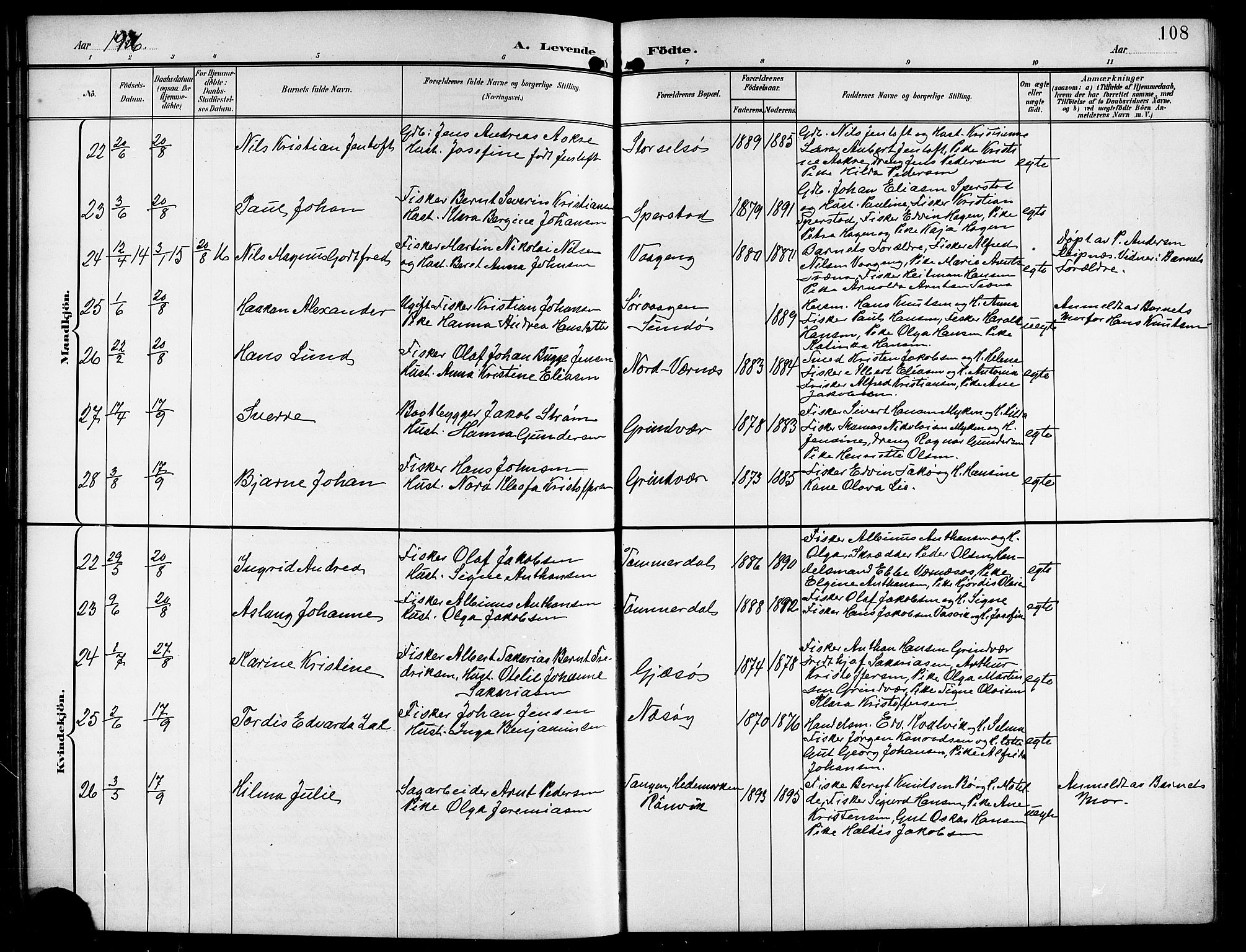 Ministerialprotokoller, klokkerbøker og fødselsregistre - Nordland, AV/SAT-A-1459/841/L0621: Parish register (copy) no. 841C05, 1897-1923, p. 108