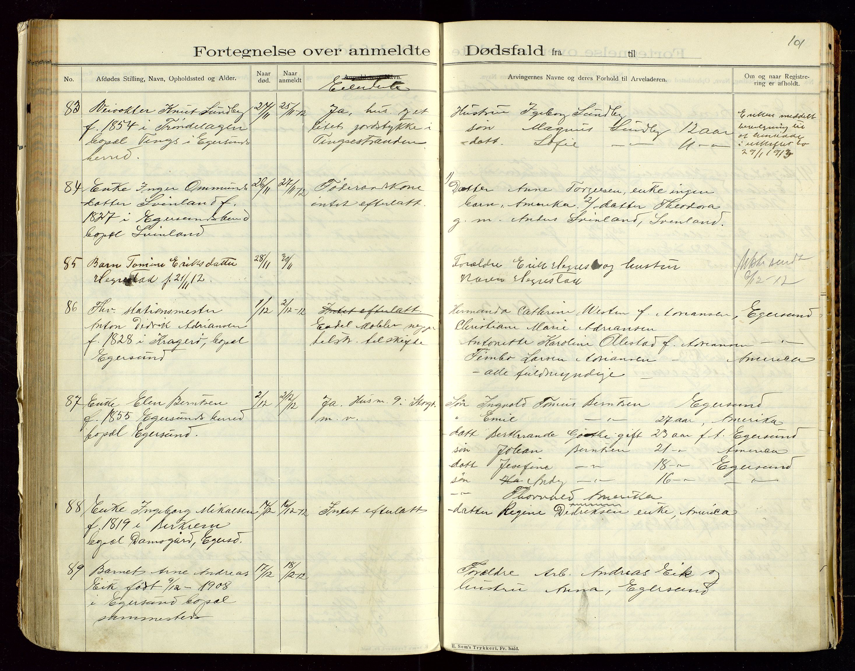 Eigersund lensmannskontor, SAST/A-100171/Gga/L0005: "Dødsfalds-Protokol" m/alfabetisk navneregister, 1905-1913, p. 101
