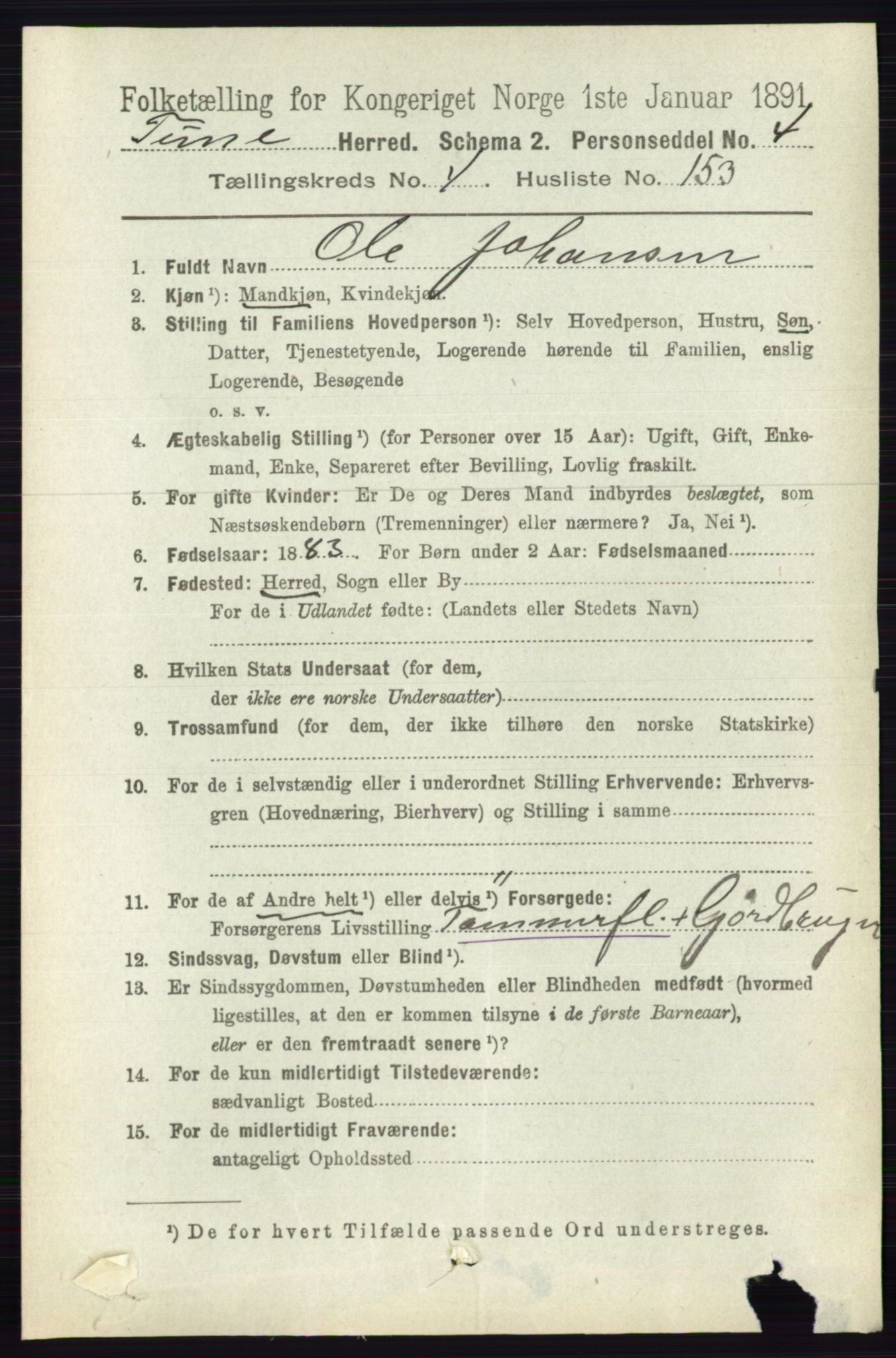 RA, 1891 census for 0130 Tune, 1891, p. 3155