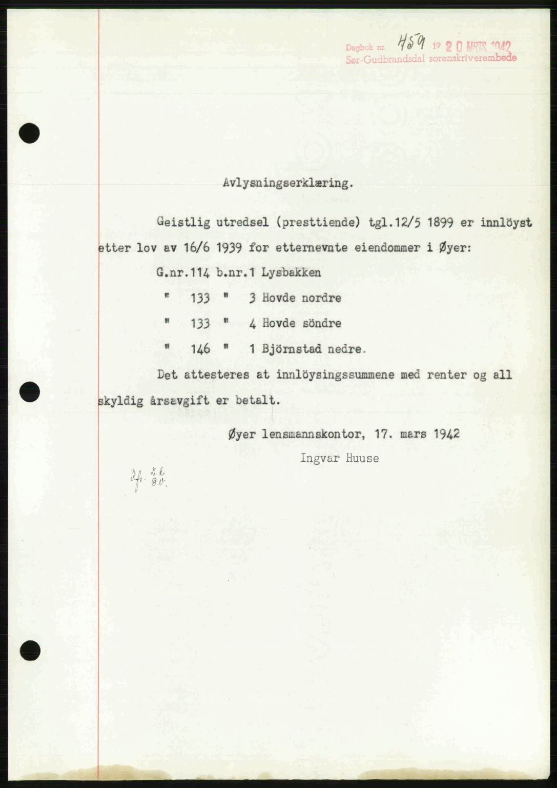 Sør-Gudbrandsdal tingrett, SAH/TING-004/H/Hb/Hbf/L0002: Mortgage book no. C1, 1938-1951, Diary no: : 459/1942