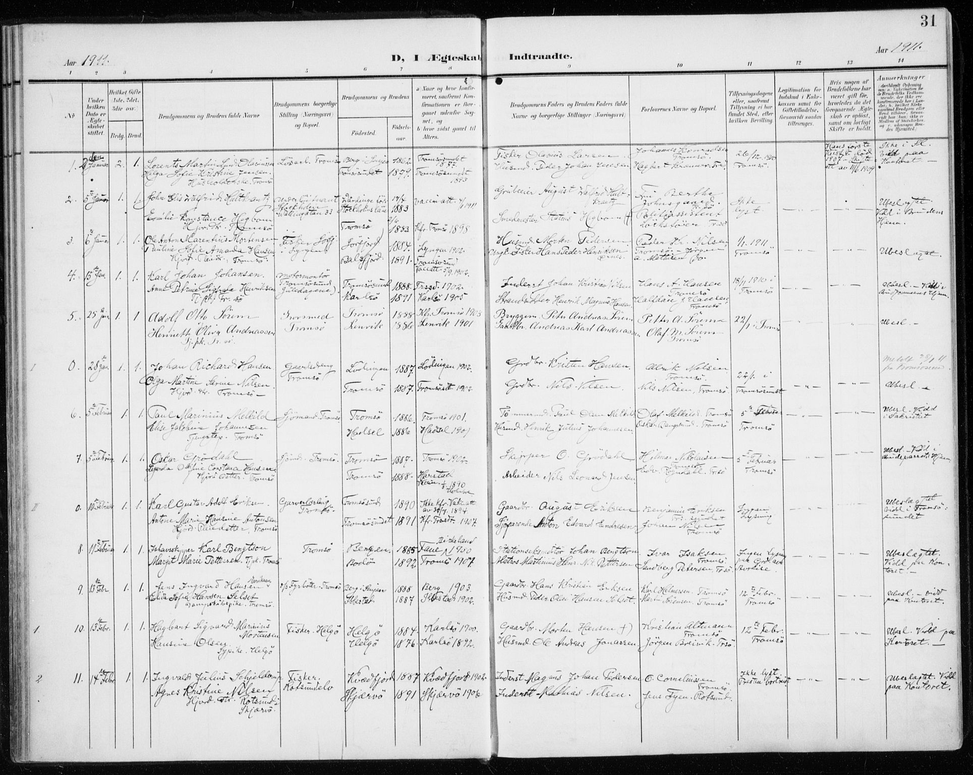 Tromsø sokneprestkontor/stiftsprosti/domprosti, SATØ/S-1343/G/Ga/L0018kirke: Parish register (official) no. 18, 1907-1917, p. 31