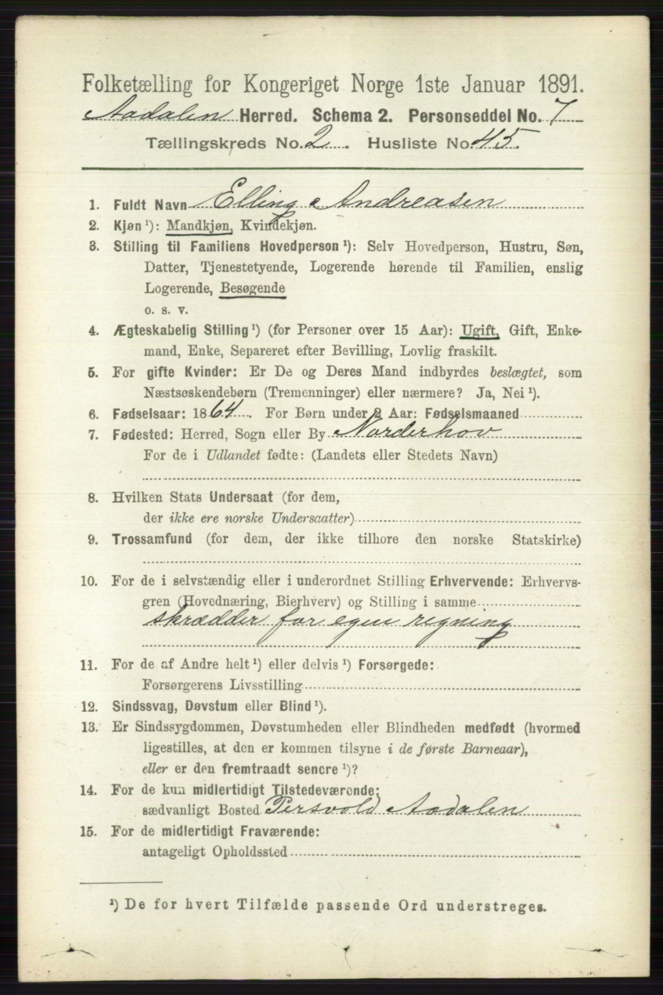 RA, 1891 census for 0614 Ådal, 1891, p. 947