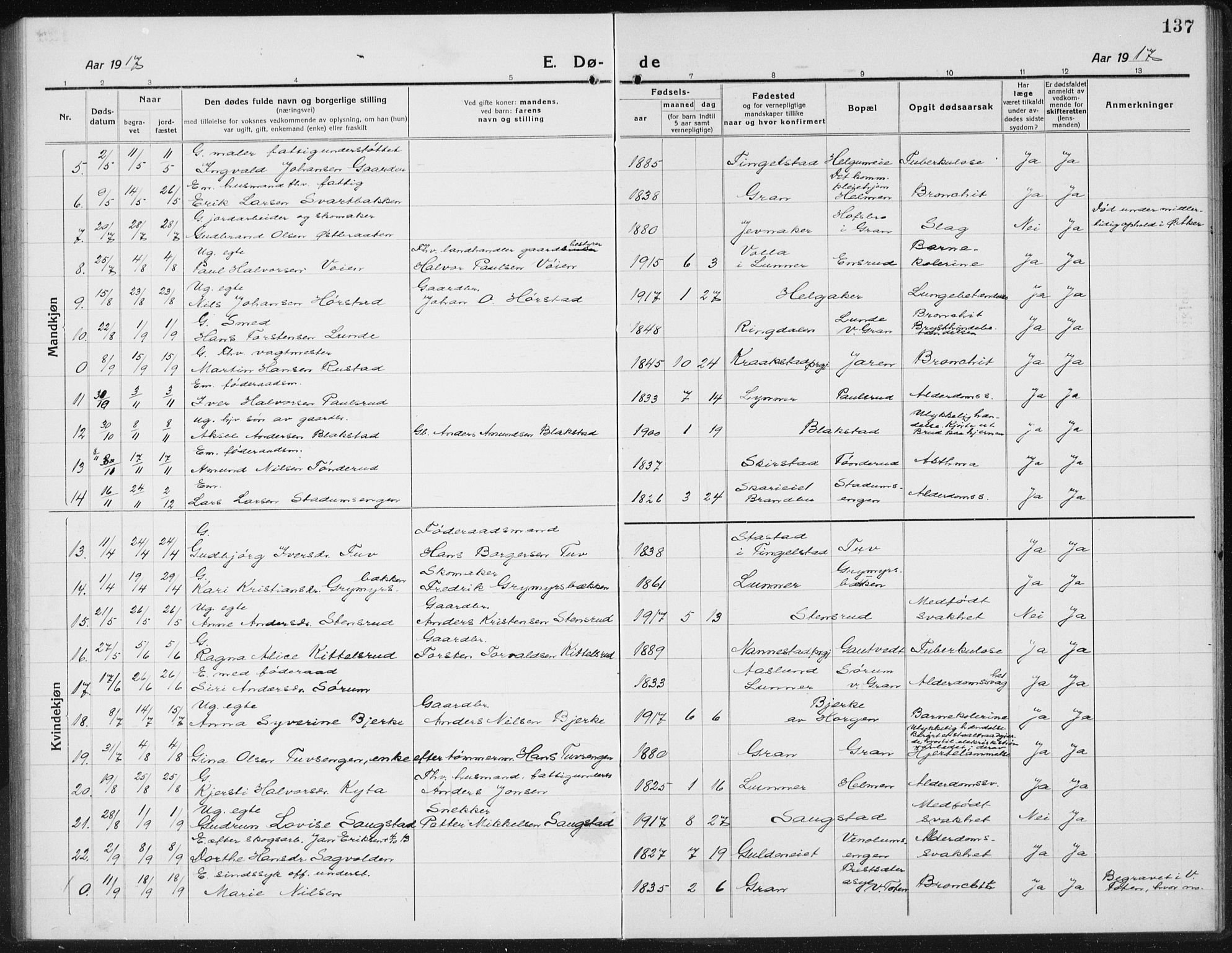 Gran prestekontor, SAH/PREST-112/H/Ha/Hab/L0008: Parish register (copy) no. 8, 1917-1935, p. 137