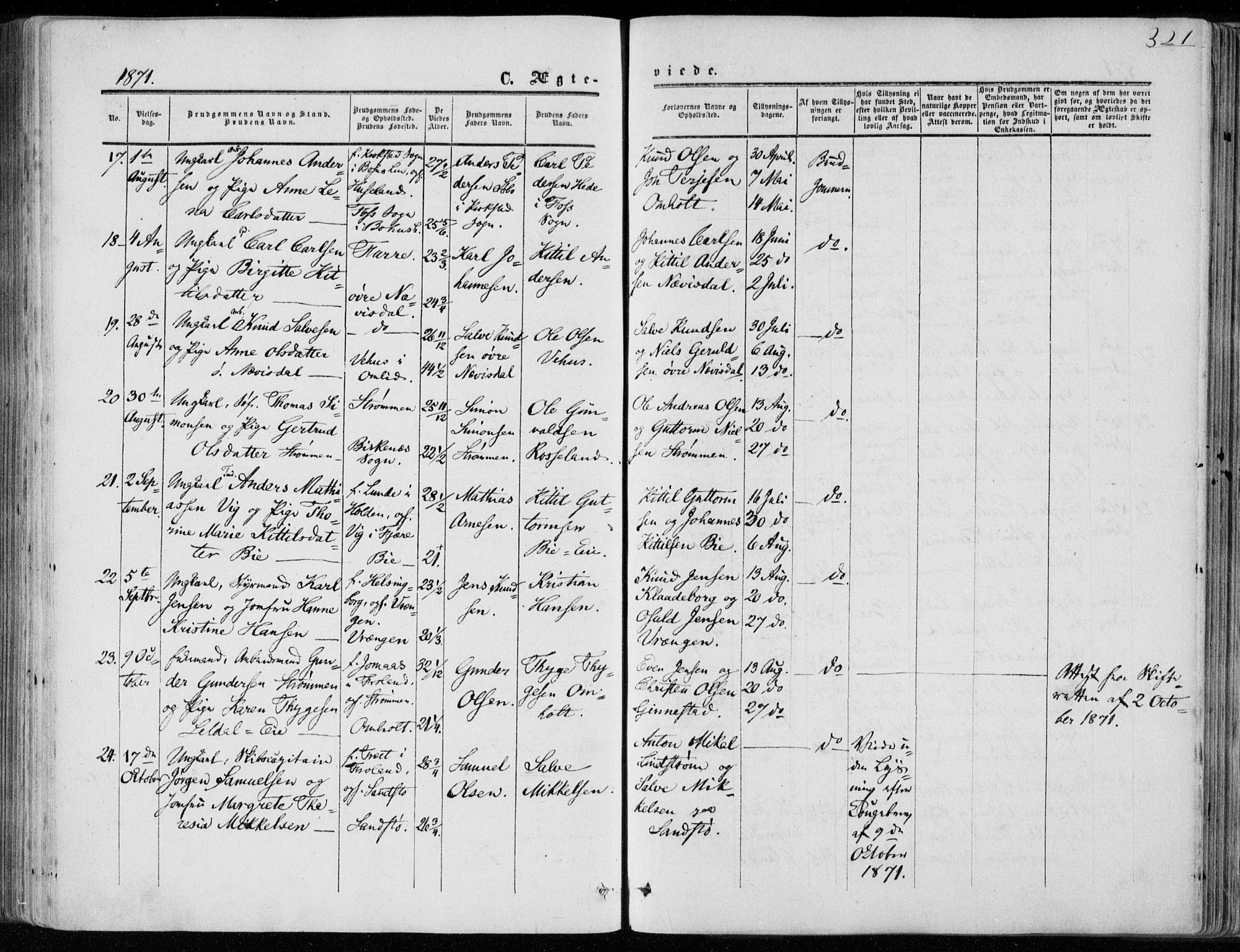 Øyestad sokneprestkontor, AV/SAK-1111-0049/F/Fa/L0015: Parish register (official) no. A 15, 1857-1873, p. 321