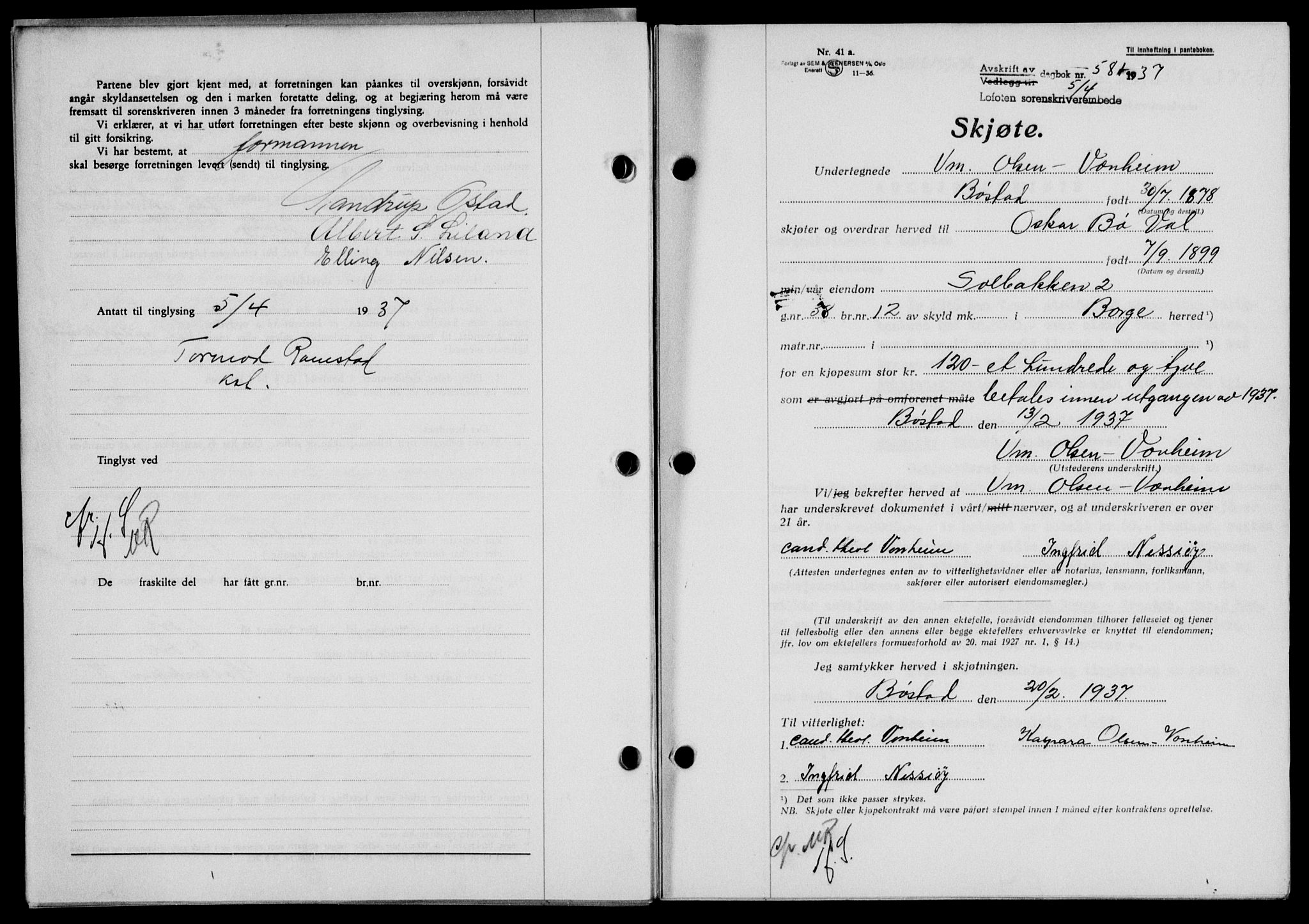 Lofoten sorenskriveri, SAT/A-0017/1/2/2C/L0002a: Mortgage book no. 2a, 1937-1937, Diary no: : 581/1937