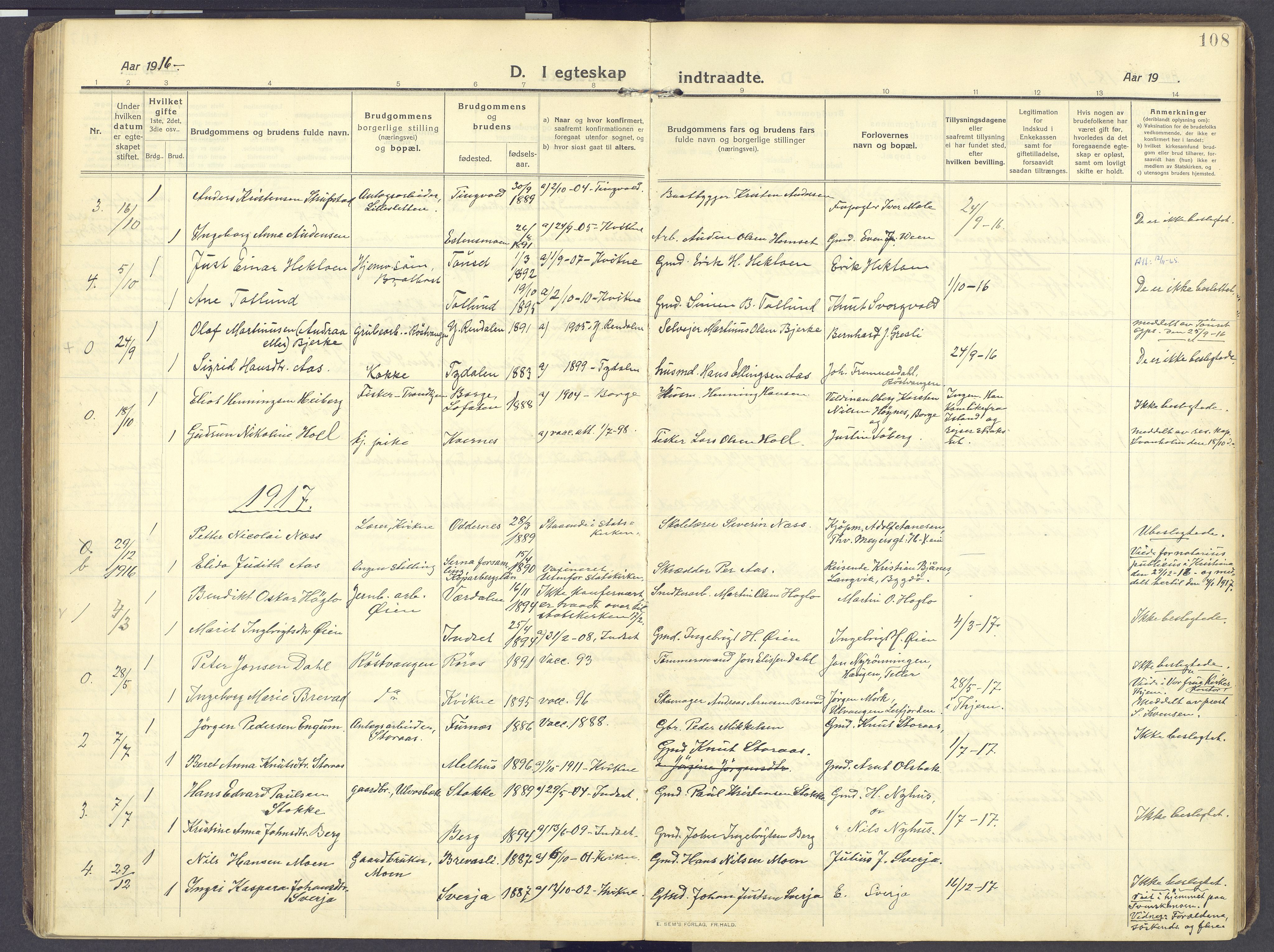 Kvikne prestekontor, SAH/PREST-064/H/Ha/Haa/L0009: Parish register (official) no. 9, 1911-1942, p. 108