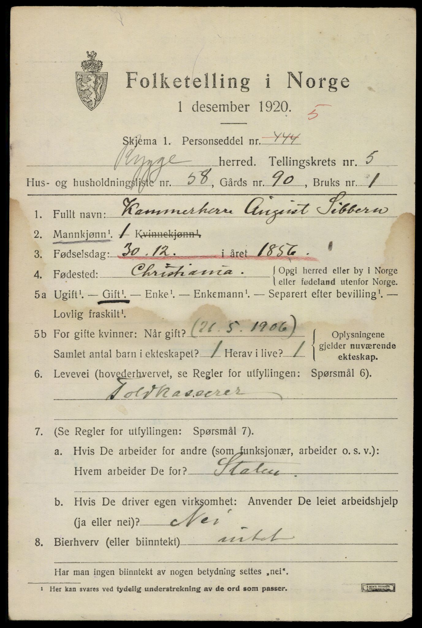 SAO, 1920 census for Rygge, 1920, p. 10445