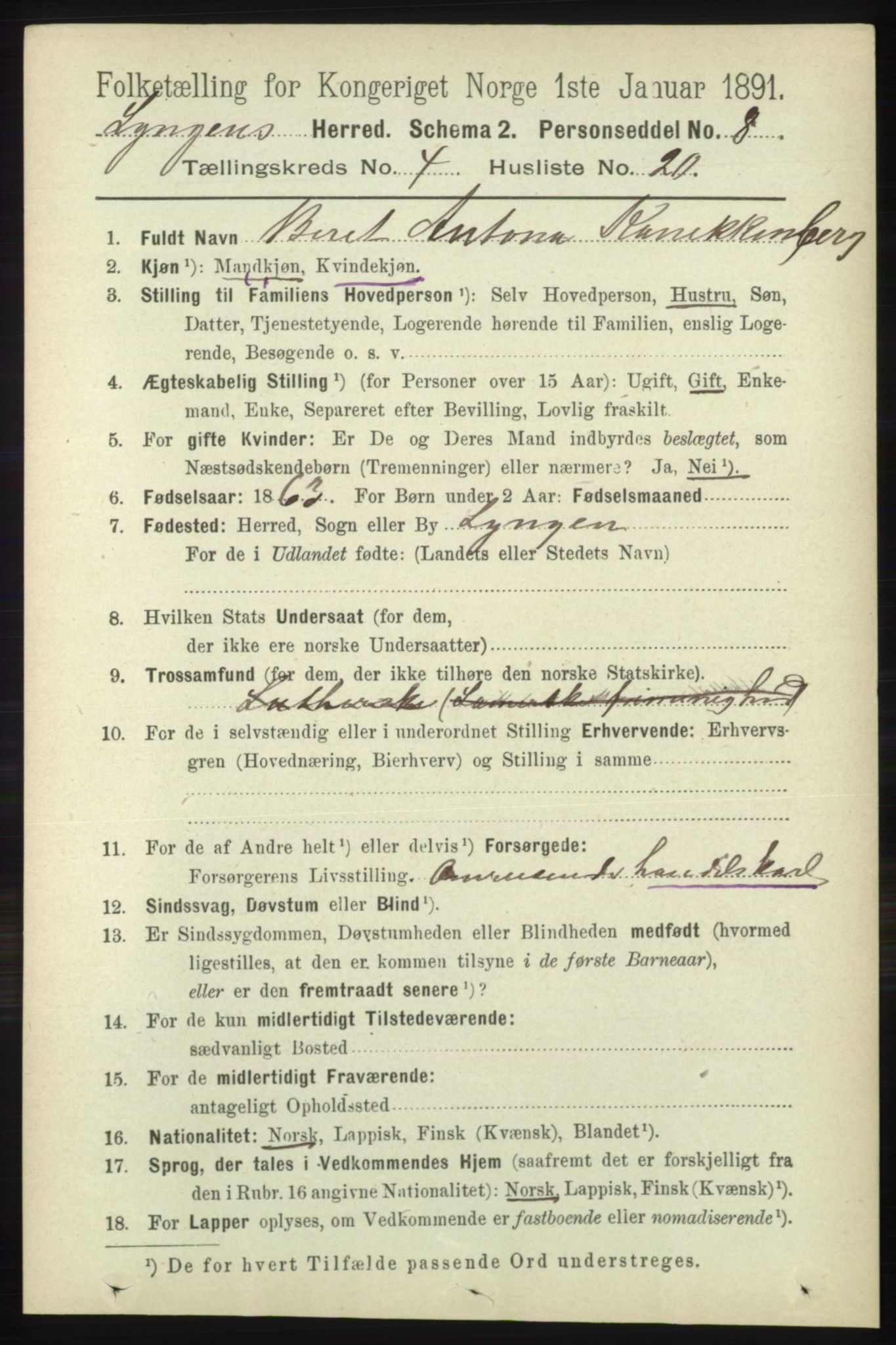 RA, 1891 census for 1938 Lyngen, 1891, p. 3827