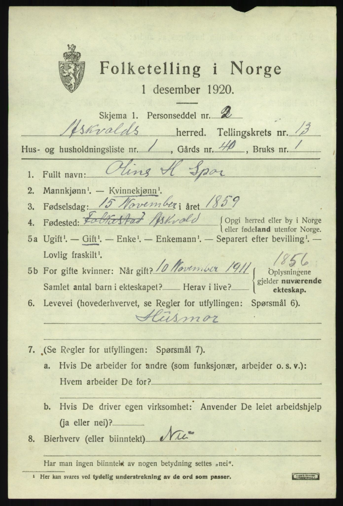 SAB, 1920 census for Askvoll, 1920, p. 4986