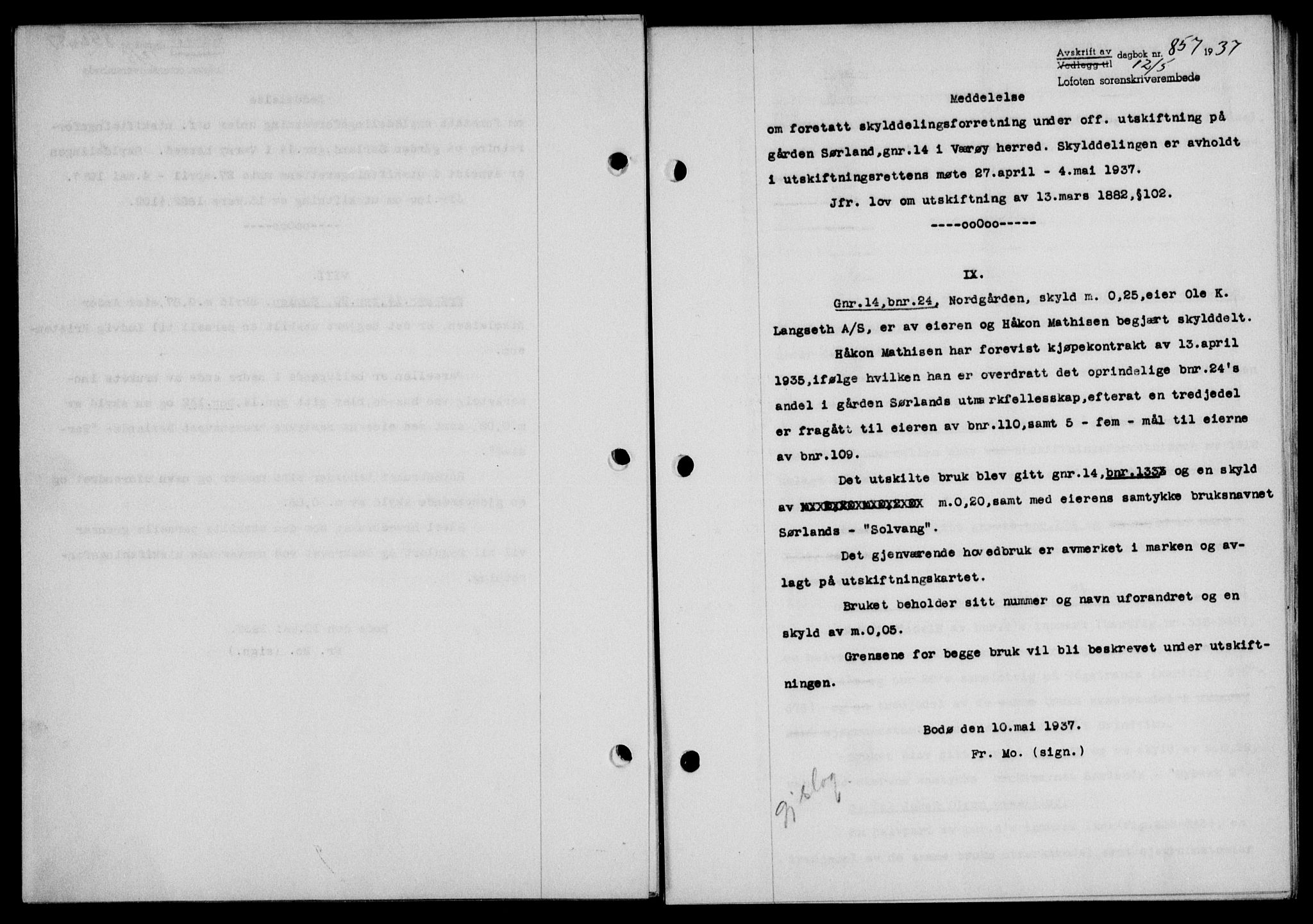Lofoten sorenskriveri, SAT/A-0017/1/2/2C/L0002a: Mortgage book no. 2a, 1937-1937, Diary no: : 857/1937