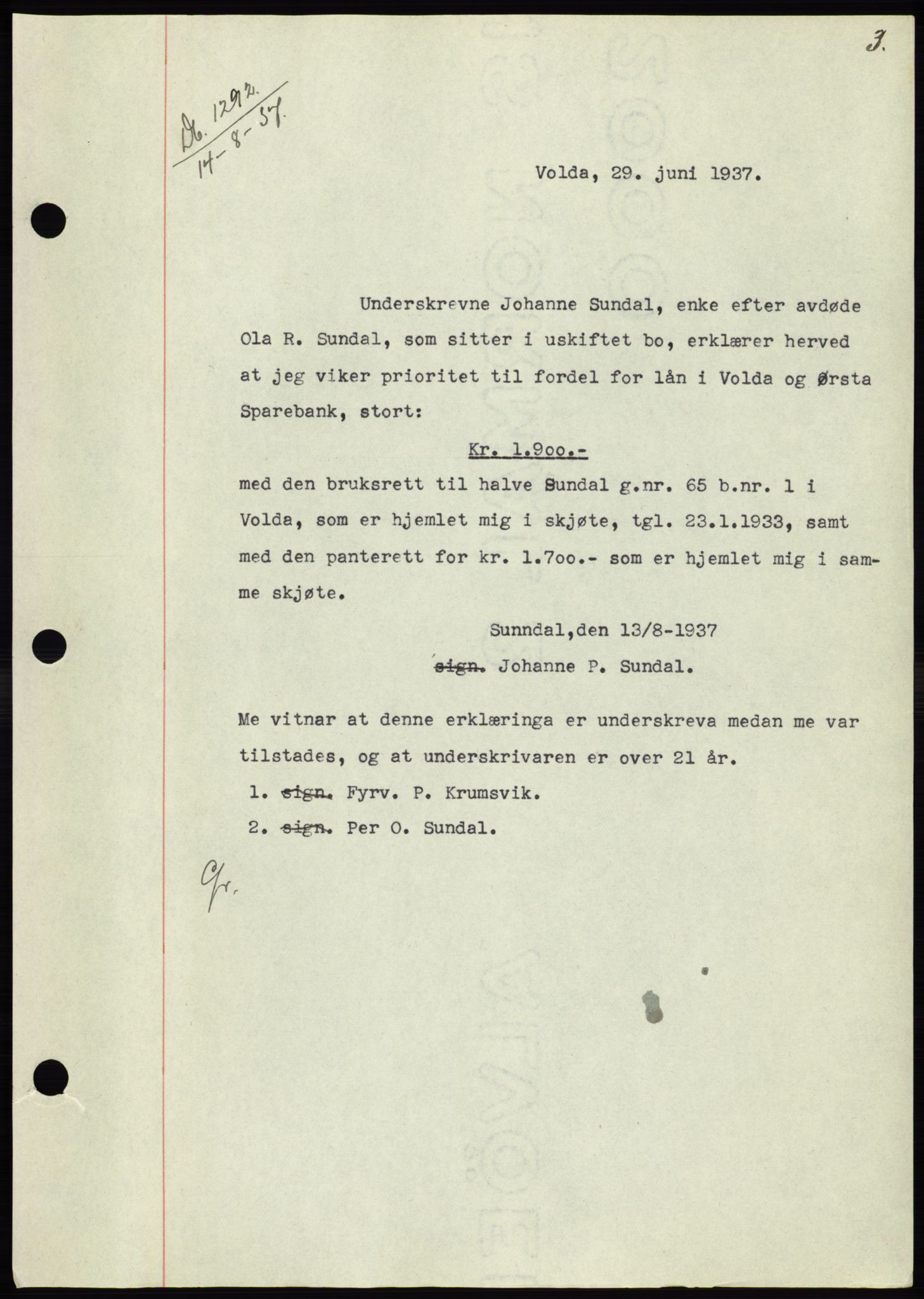 Søre Sunnmøre sorenskriveri, AV/SAT-A-4122/1/2/2C/L0064: Mortgage book no. 58, 1937-1938, Diary no: : 1292/1937