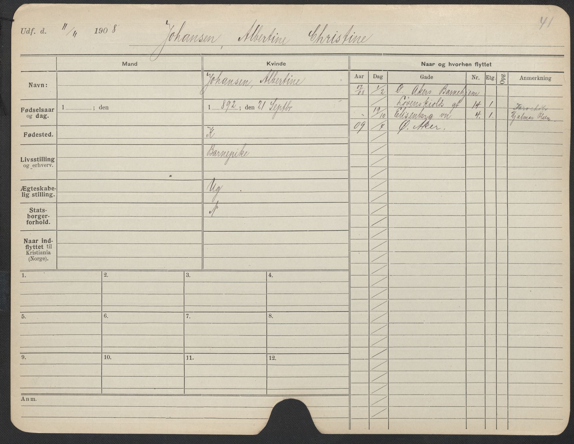 Oslo folkeregister, Registerkort, AV/SAO-A-11715/F/Fa/Fac/L0017: Kvinner, 1906-1914, p. 576a