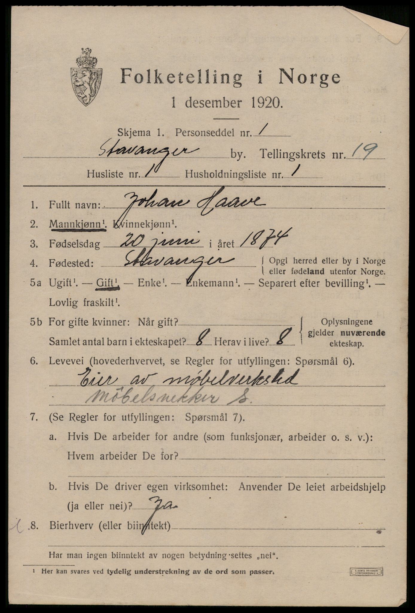 SAST, 1920 census for Stavanger, 1920, p. 68158