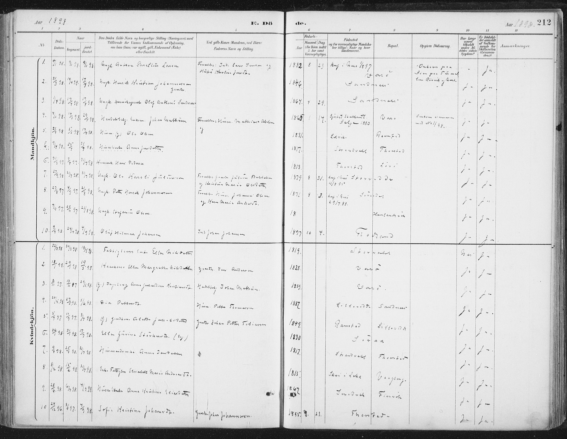 Ministerialprotokoller, klokkerbøker og fødselsregistre - Nord-Trøndelag, AV/SAT-A-1458/784/L0673: Parish register (official) no. 784A08, 1888-1899, p. 212