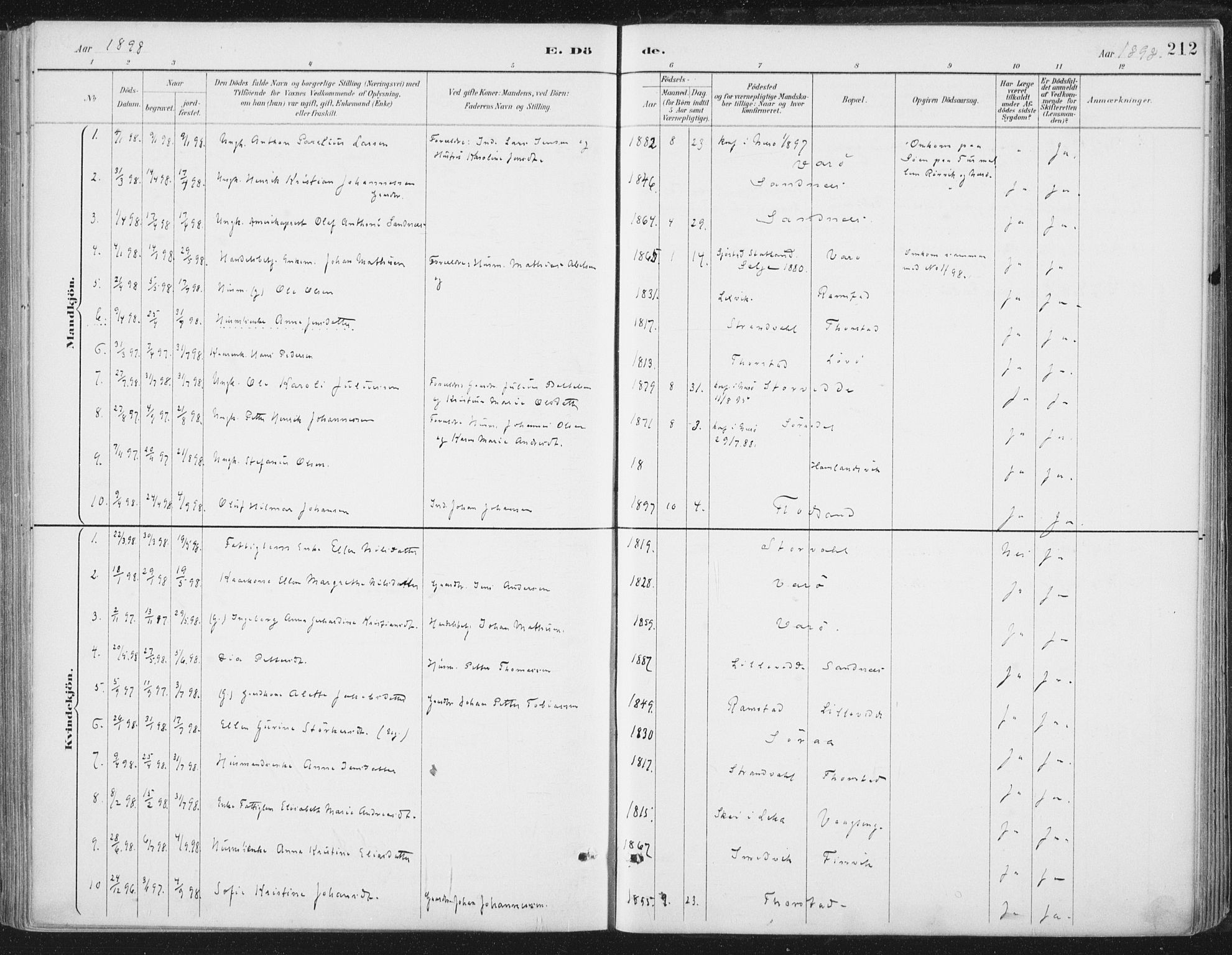 Ministerialprotokoller, klokkerbøker og fødselsregistre - Nord-Trøndelag, SAT/A-1458/784/L0673: Parish register (official) no. 784A08, 1888-1899, p. 212