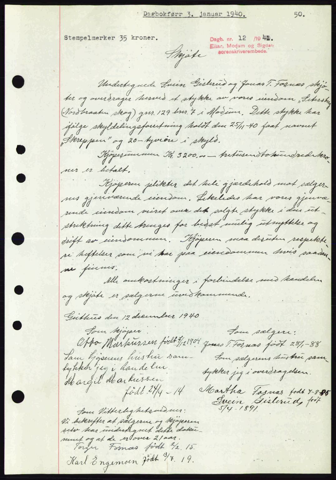 Eiker, Modum og Sigdal sorenskriveri, SAKO/A-123/G/Ga/Gab/L0043: Mortgage book no. A13, 1940-1941, Diary no: : 12/1941
