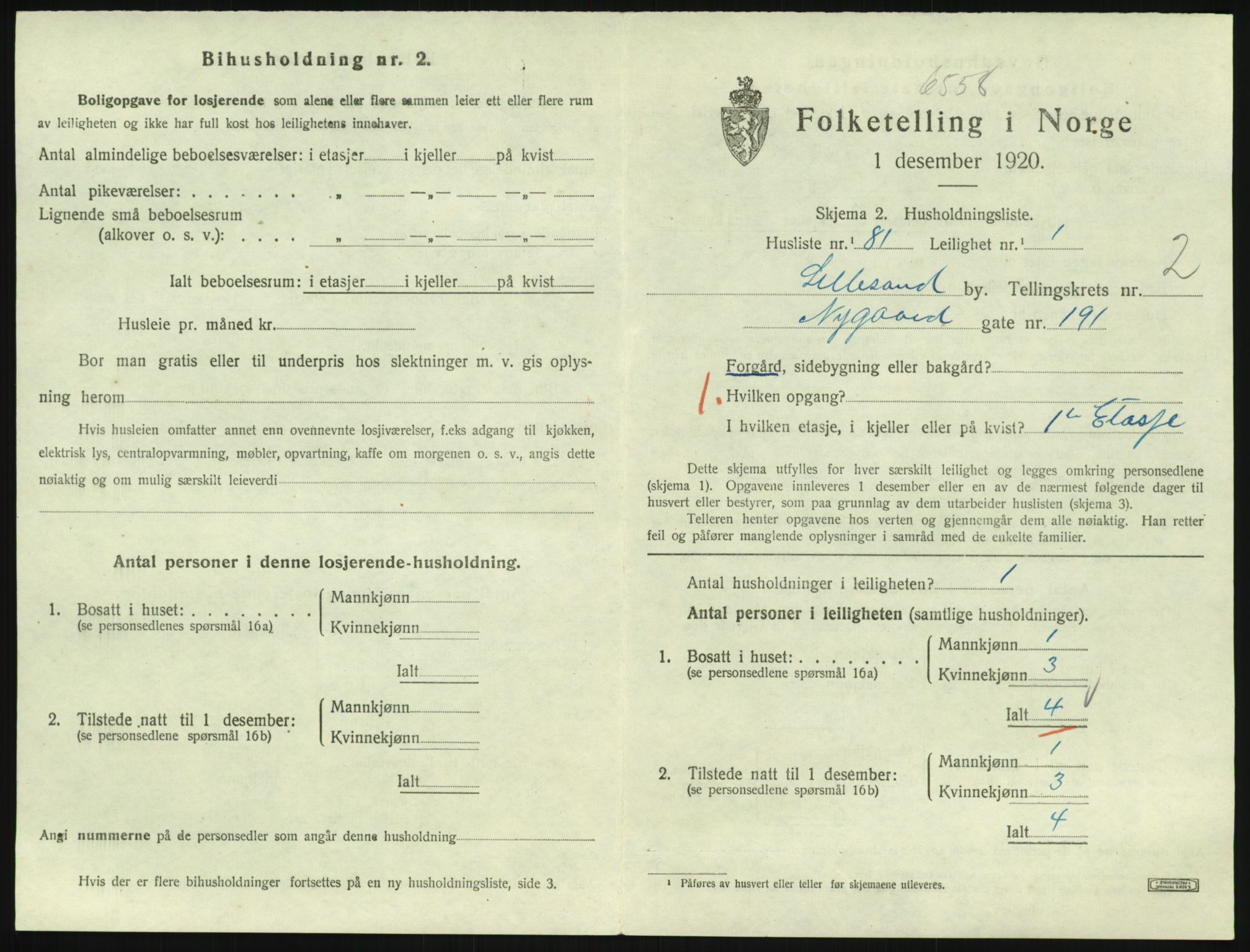 SAK, 1920 census for Lillesand, 1920, p. 1035