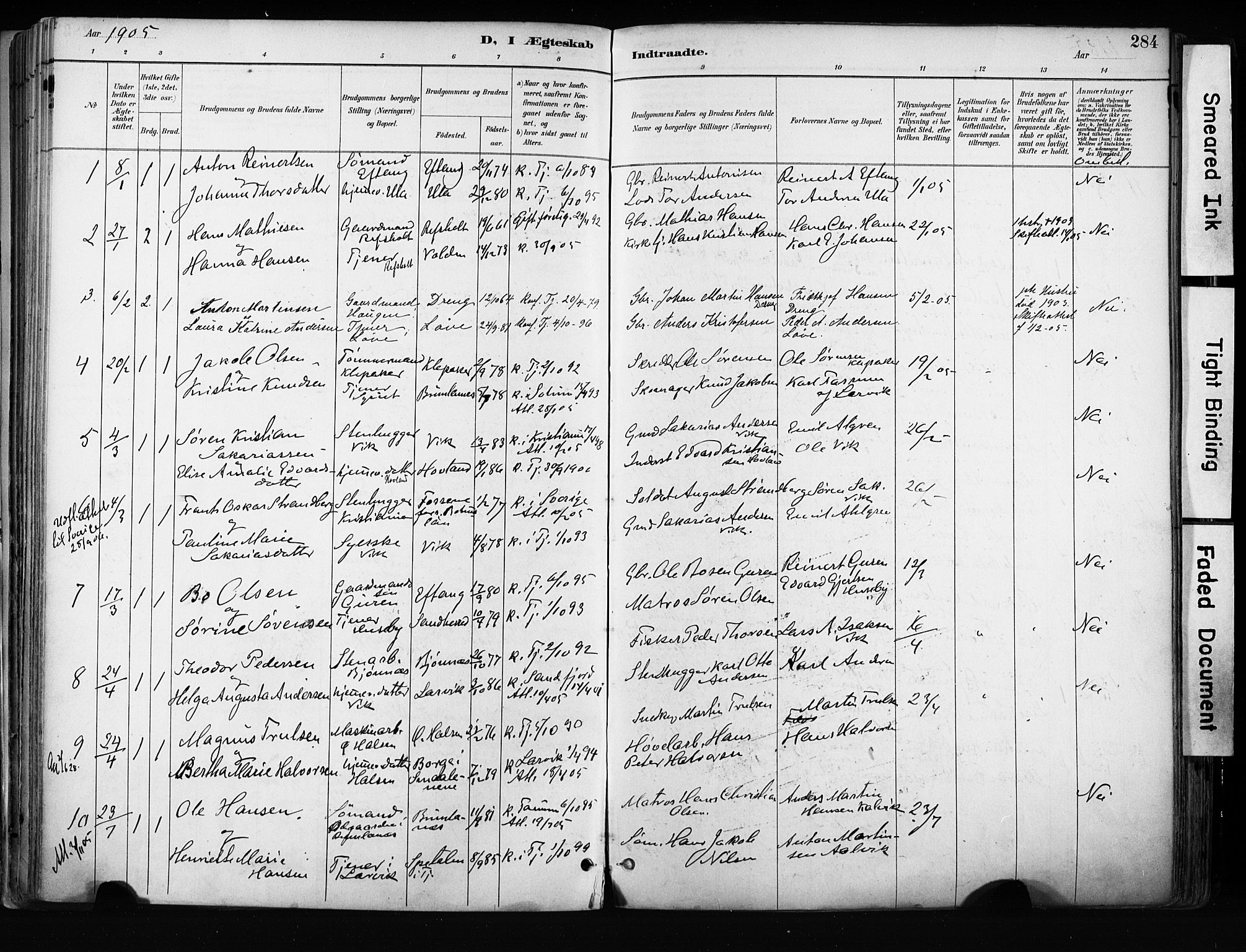 Tjølling kirkebøker, AV/SAKO-A-60/F/Fa/L0009: Parish register (official) no. 9, 1887-1905, p. 284