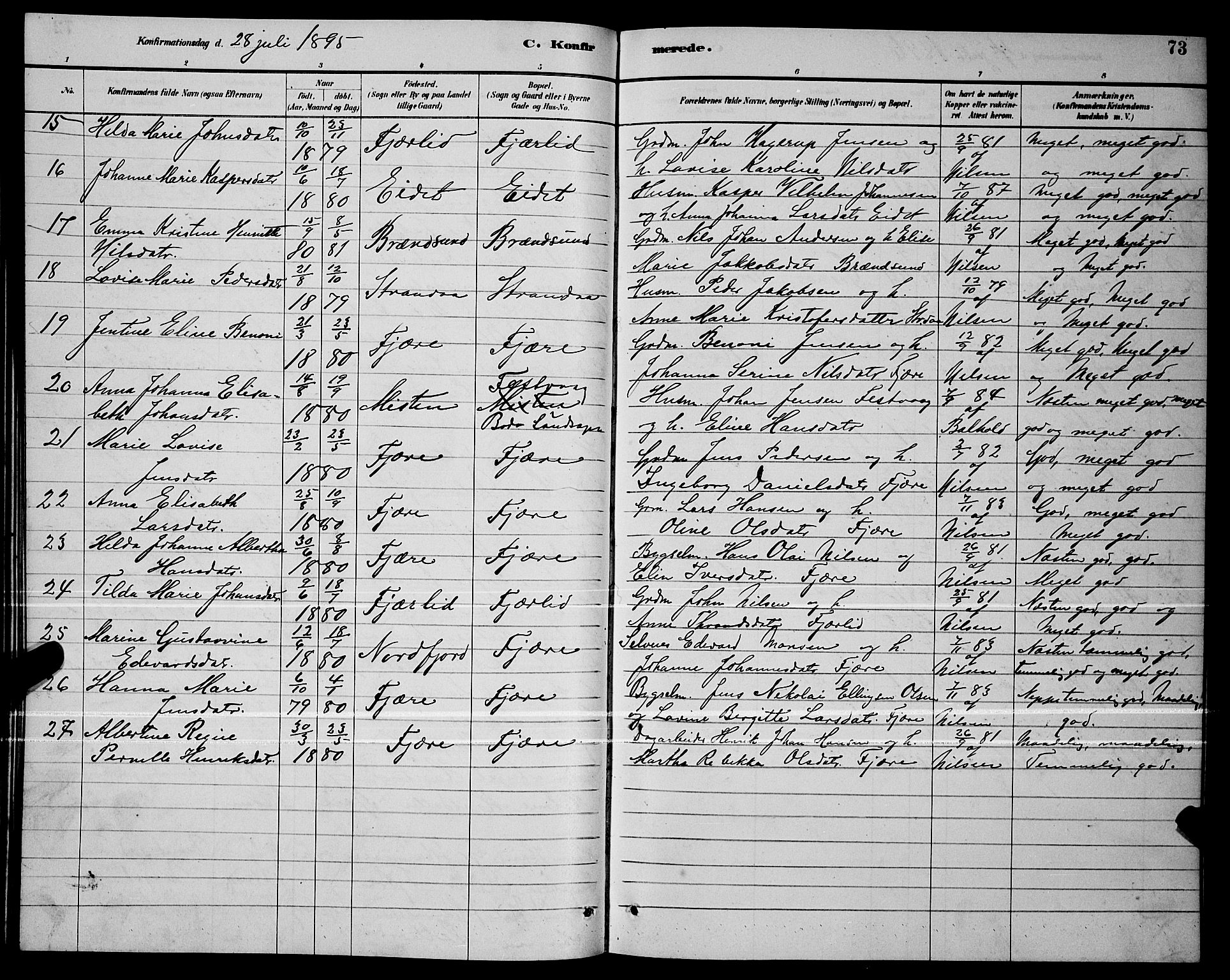 Ministerialprotokoller, klokkerbøker og fødselsregistre - Nordland, SAT/A-1459/803/L0076: Parish register (copy) no. 803C03, 1882-1897, p. 73