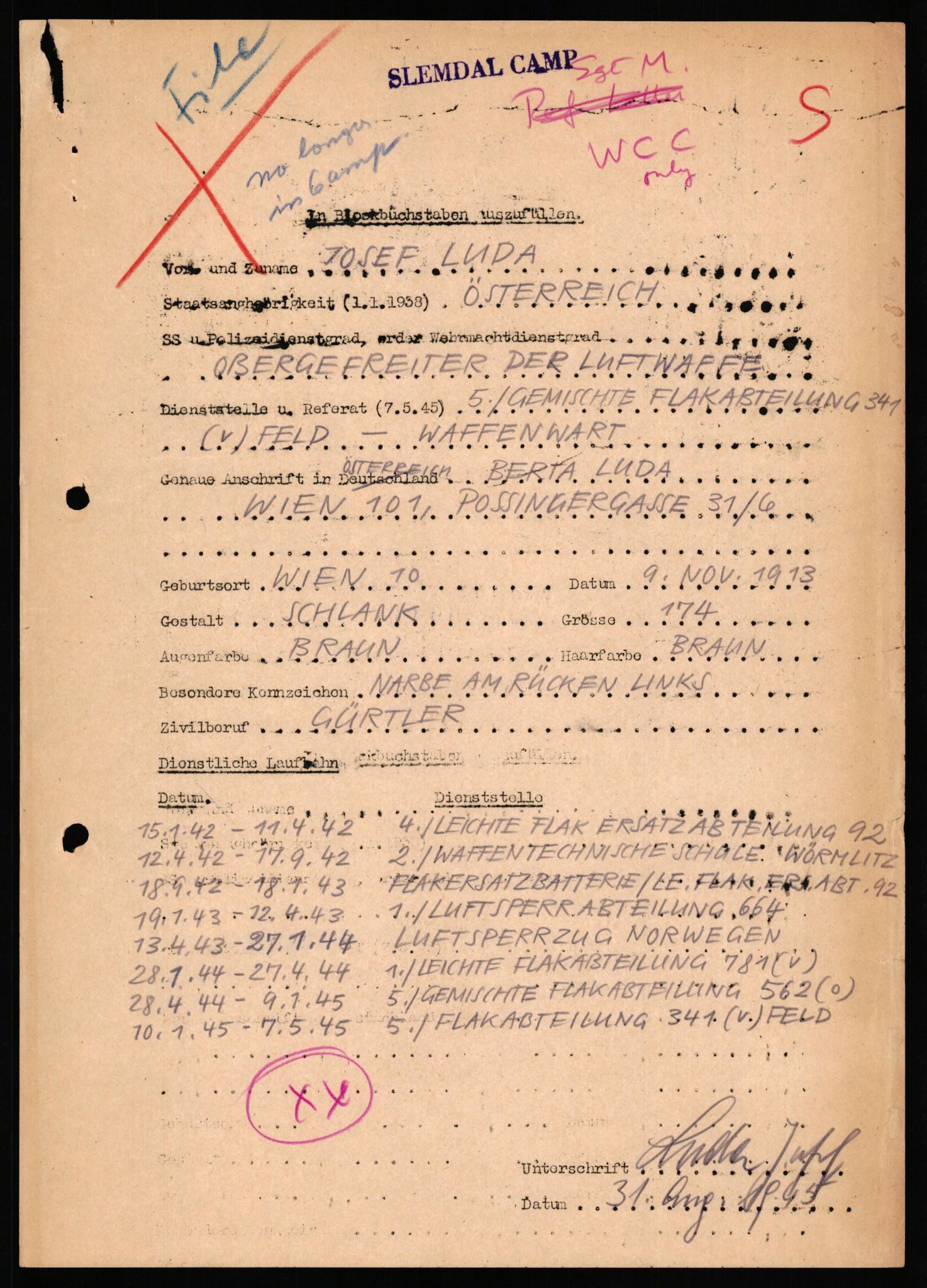 Forsvaret, Forsvarets overkommando II, AV/RA-RAFA-3915/D/Db/L0039: CI Questionaires. Tyske okkupasjonsstyrker i Norge. Østerrikere., 1945-1946, p. 346