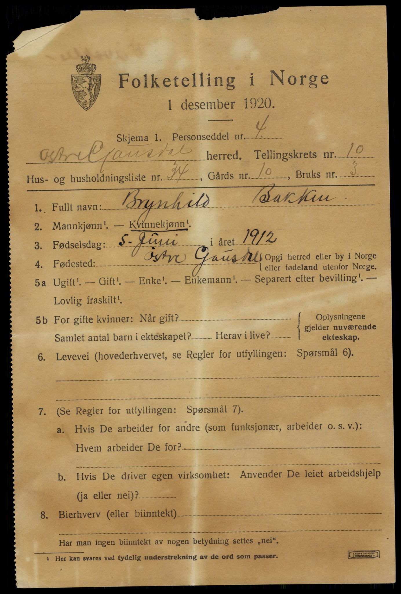 SAH, 1920 census for Østre Gausdal, 1920, p. 5810