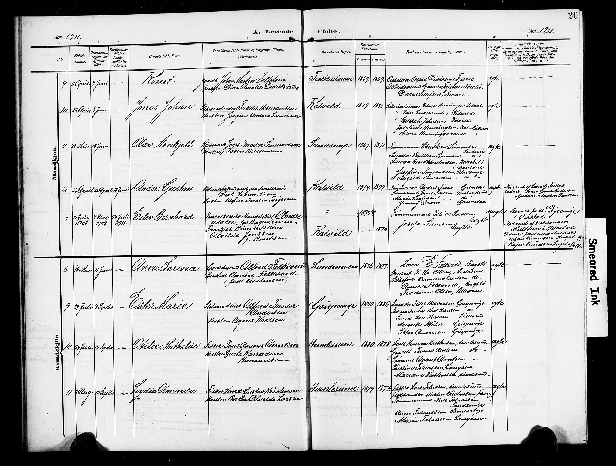 Vestre Moland sokneprestkontor, AV/SAK-1111-0046/F/Fb/Fbb/L0007: Parish register (copy) no. B 7, 1906-1929, p. 20