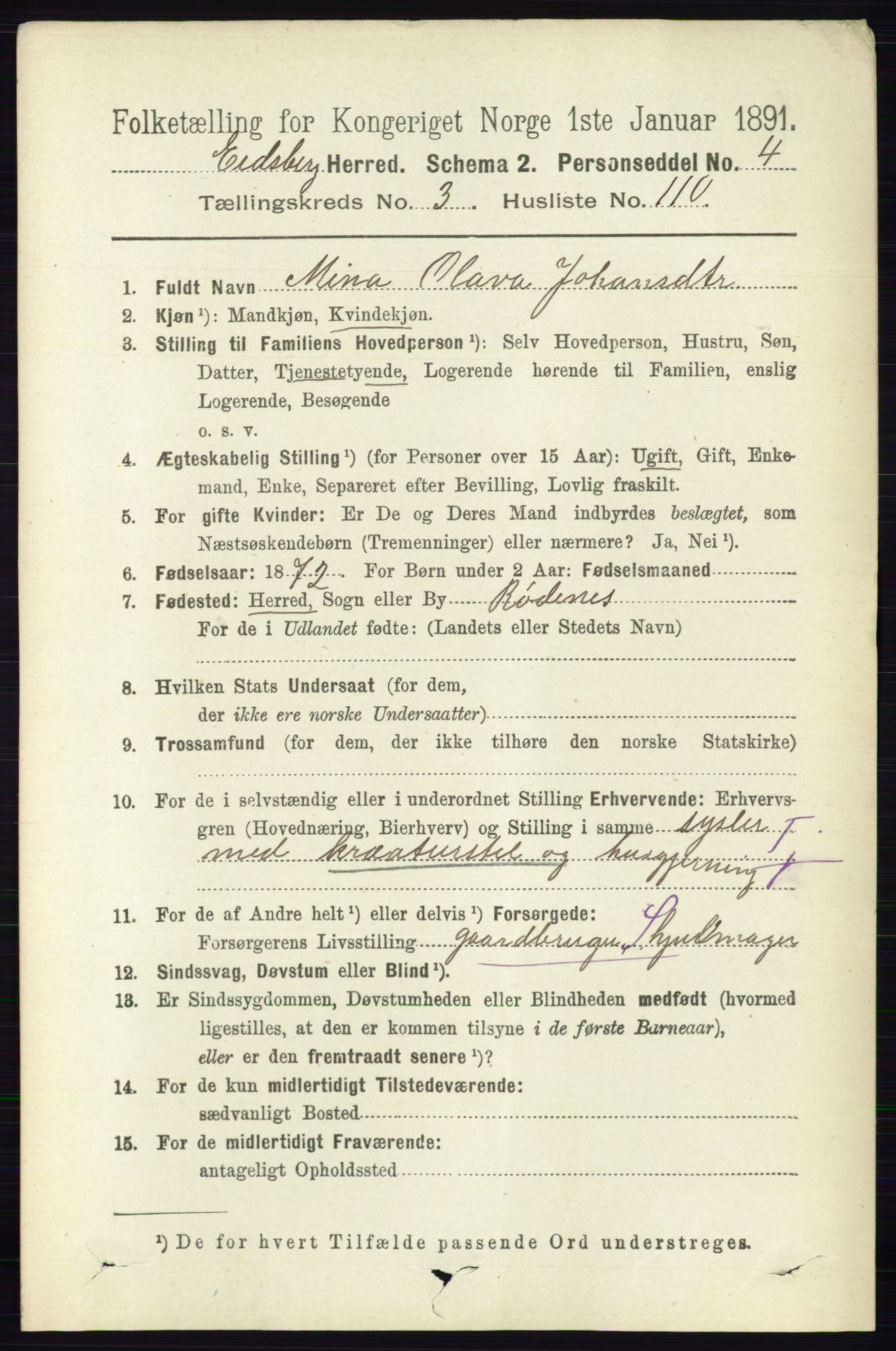 RA, 1891 census for 0125 Eidsberg, 1891, p. 2264