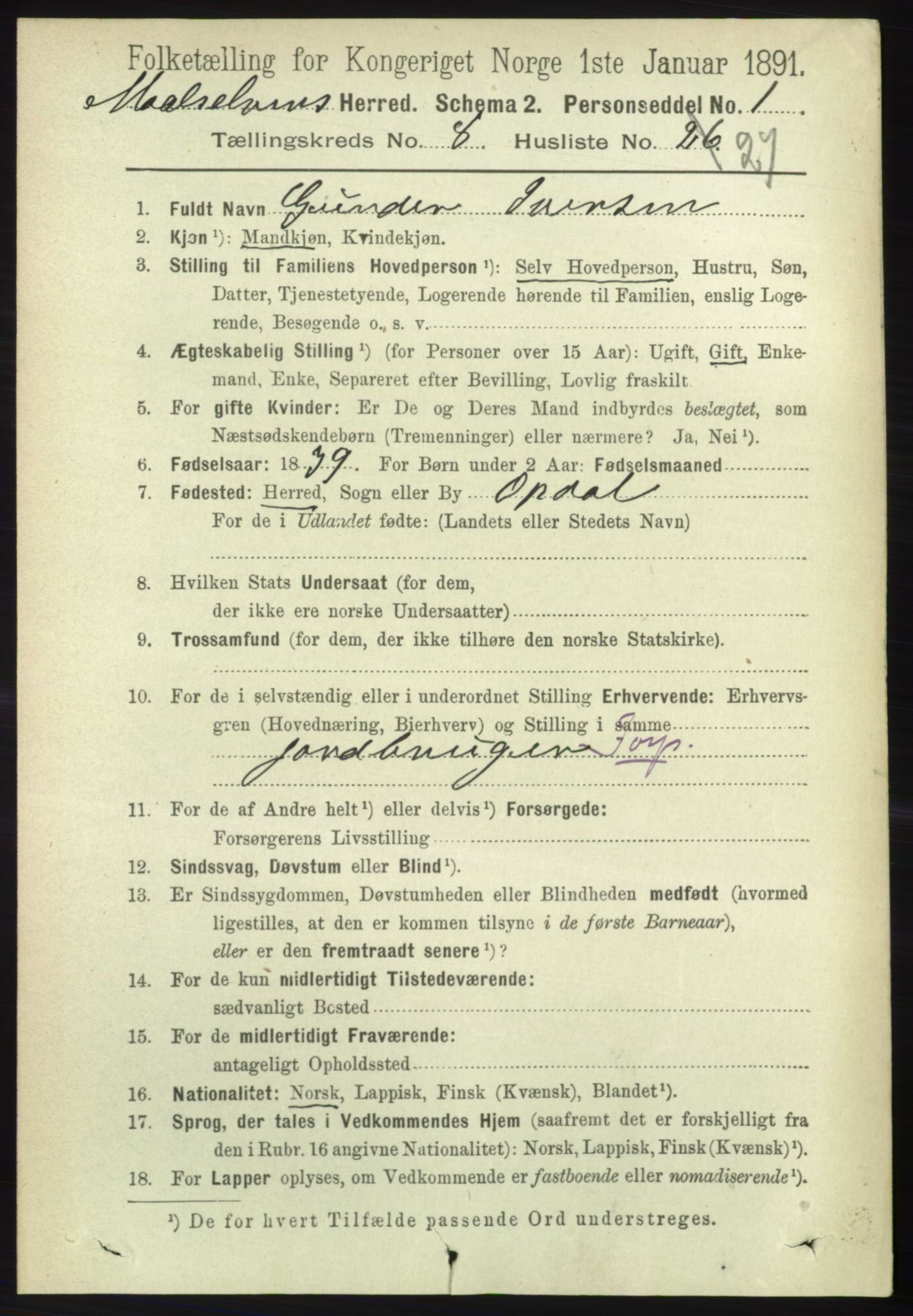 RA, 1891 census for 1924 Målselv, 1891, p. 2705