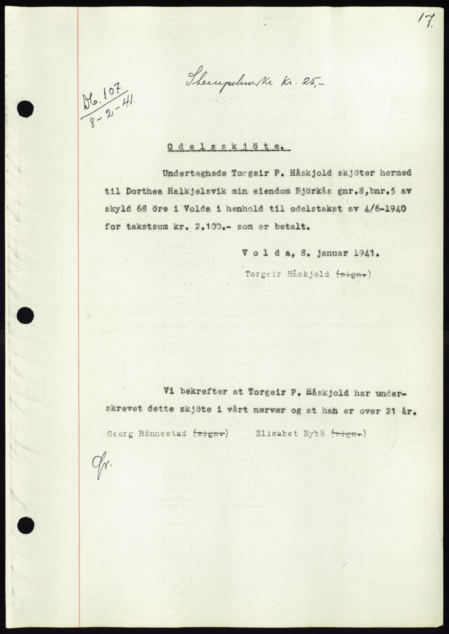 Søre Sunnmøre sorenskriveri, AV/SAT-A-4122/1/2/2C/L0071: Mortgage book no. 65, 1941-1941, Diary no: : 107/1941