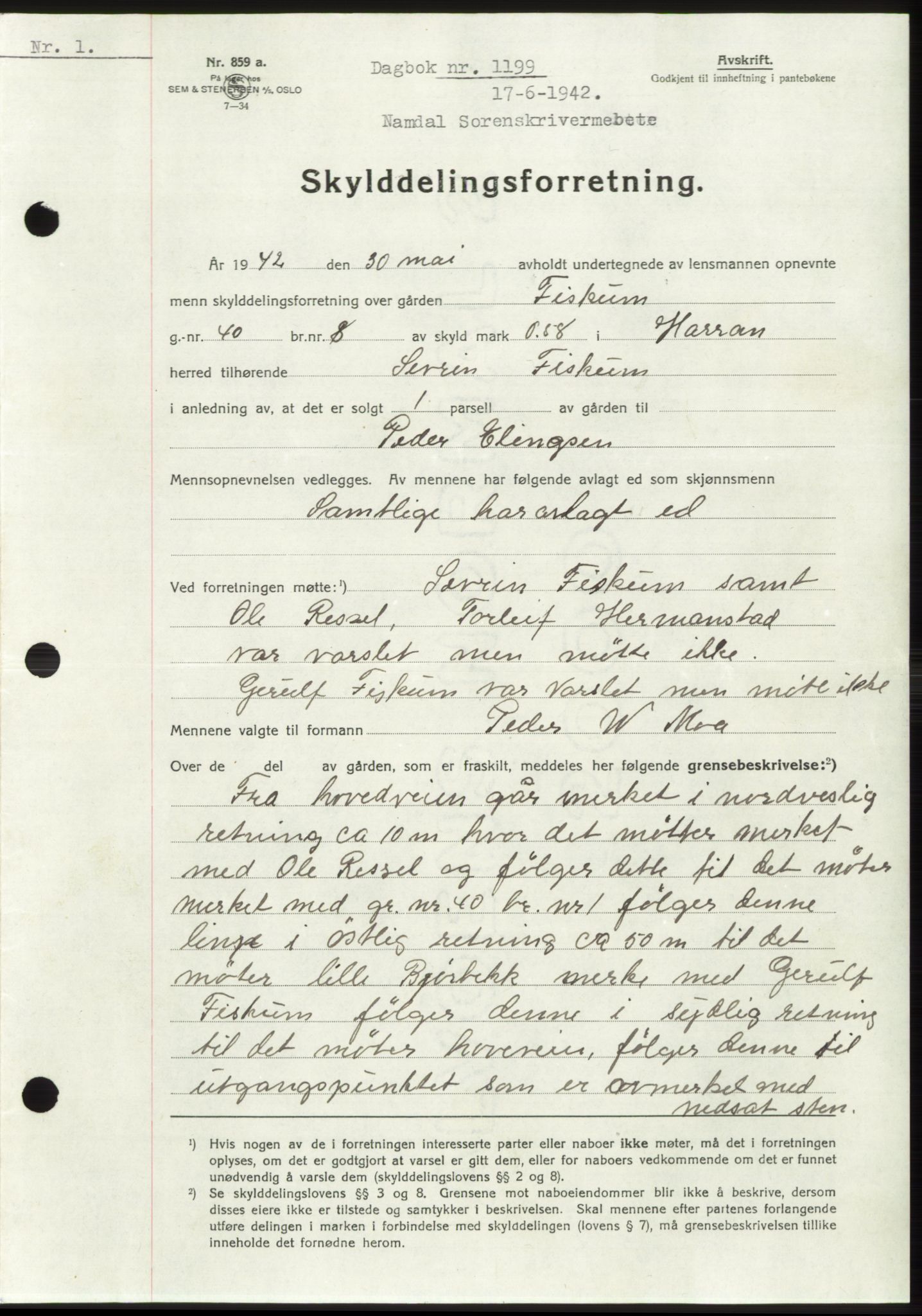 Namdal sorenskriveri, SAT/A-4133/1/2/2C: Mortgage book no. -, 1941-1942, Diary no: : 1199/1942