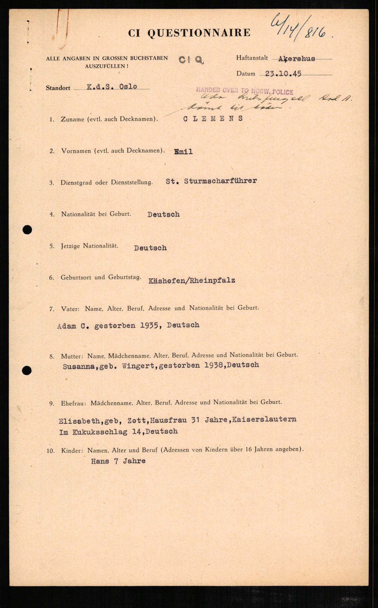 Forsvaret, Forsvarets overkommando II, AV/RA-RAFA-3915/D/Db/L0005: CI Questionaires. Tyske okkupasjonsstyrker i Norge. Tyskere., 1945-1946, p. 268