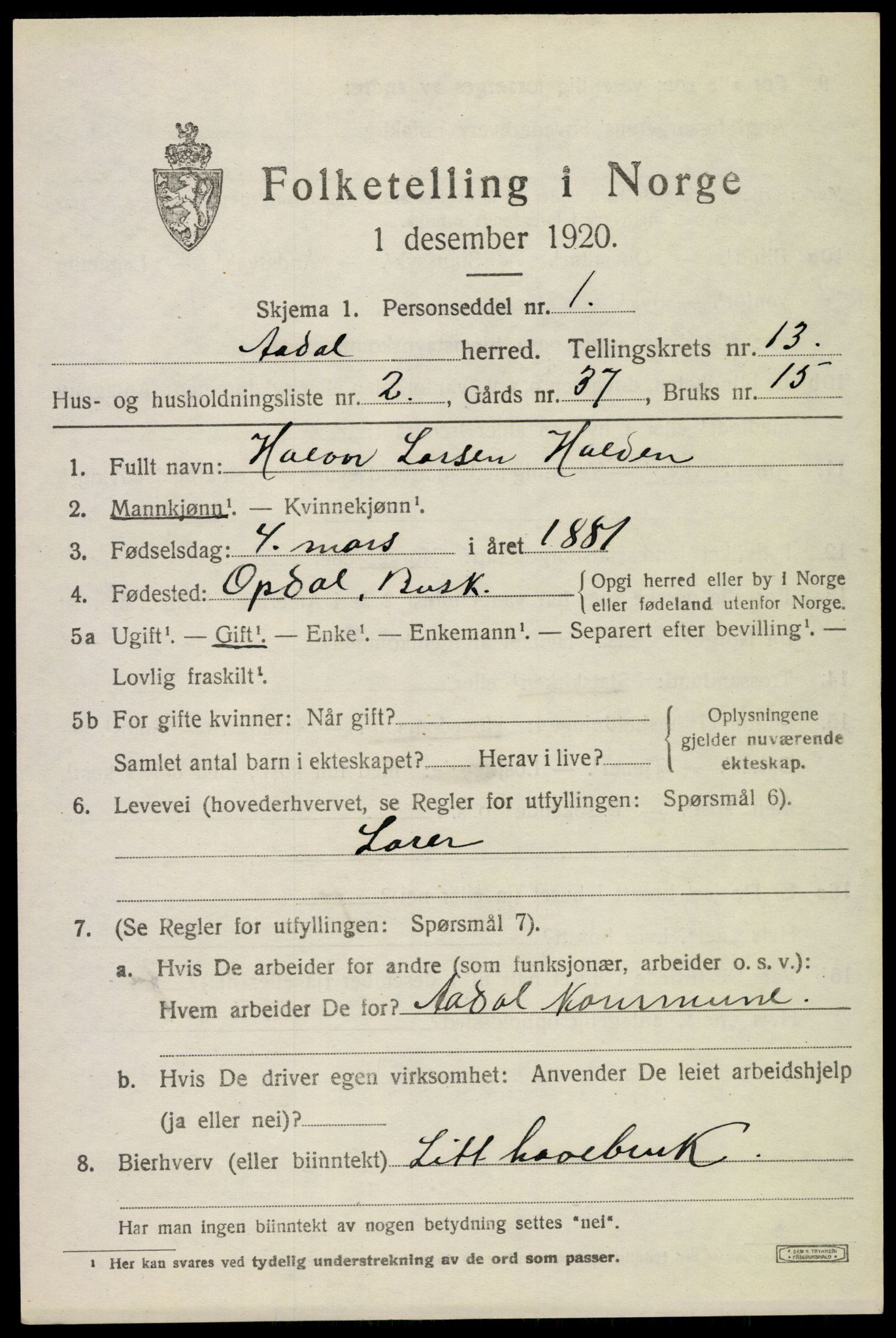 SAKO, 1920 census for Ådal, 1920, p. 7662