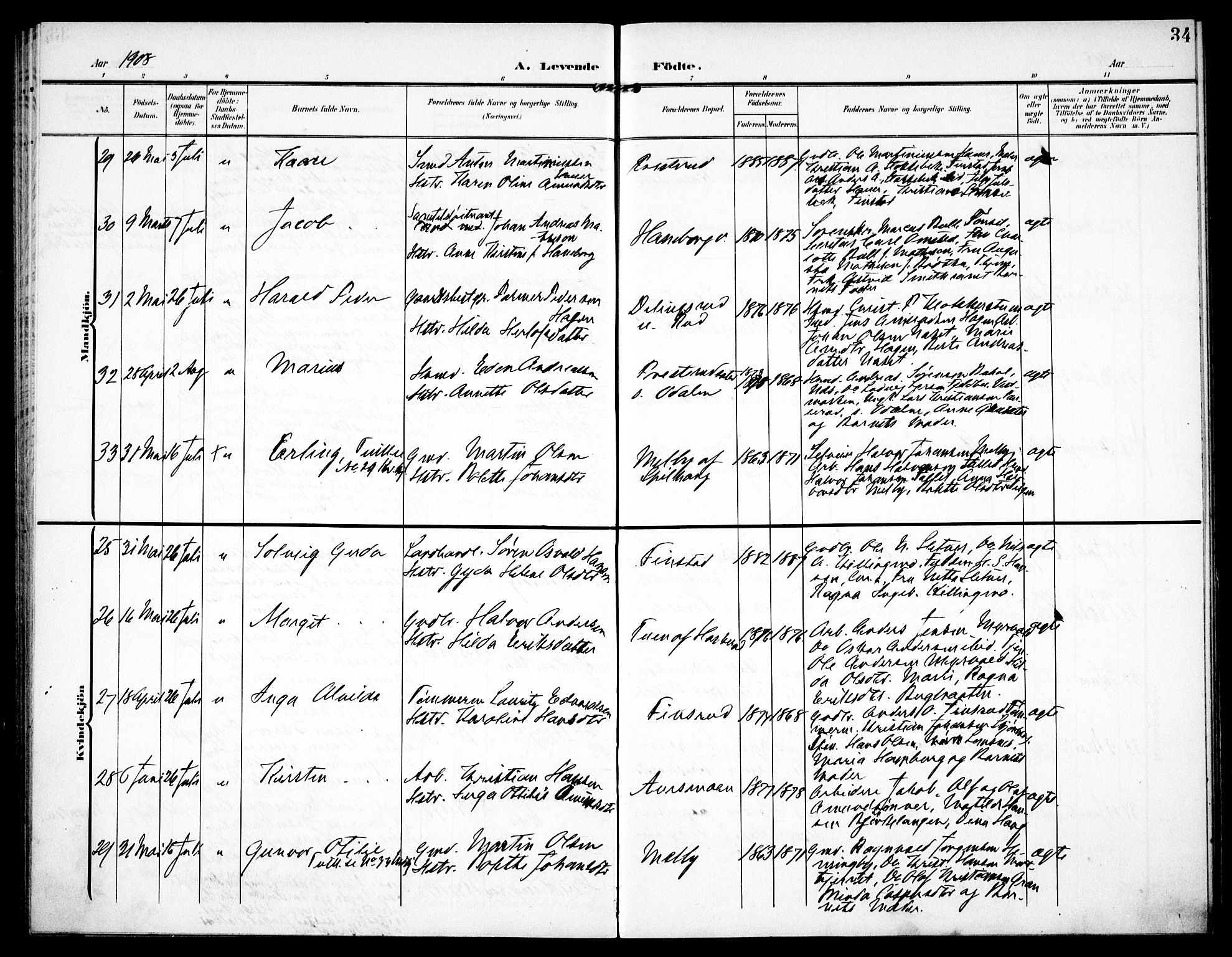 Aurskog prestekontor Kirkebøker, SAO/A-10304a/F/Fa/L0011: Parish register (official) no. I 11, 1905-1911, p. 34