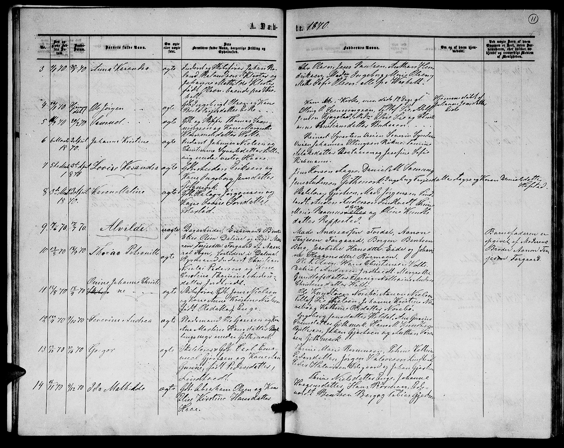 Hommedal sokneprestkontor, AV/SAK-1111-0023/F/Fb/Fba/L0003: Parish register (copy) no. B 3, 1863-1884, p. 11