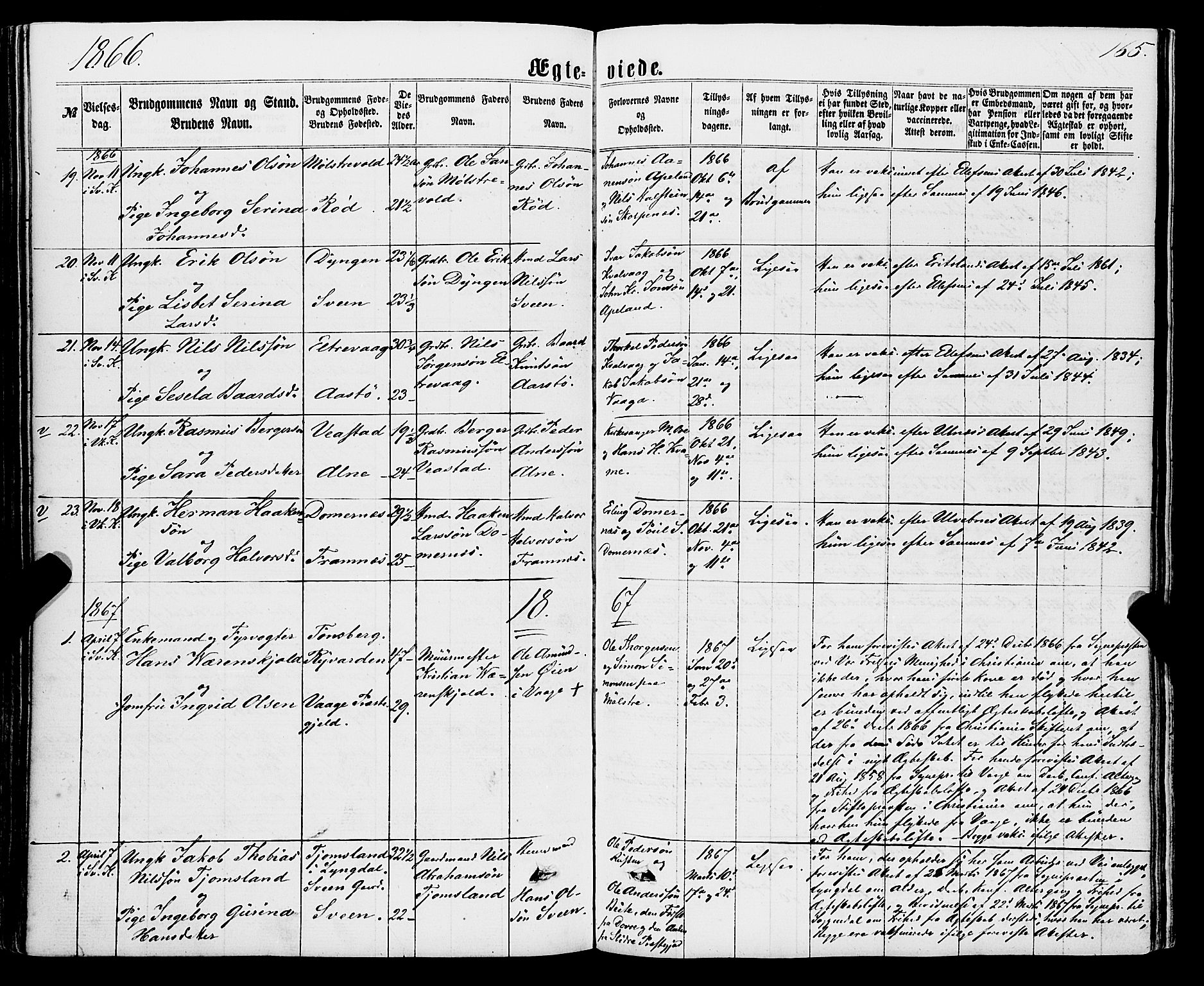 Sveio Sokneprestembete, SAB/A-78501/H/Haa: Parish register (official) no. A 1, 1861-1877, p. 165