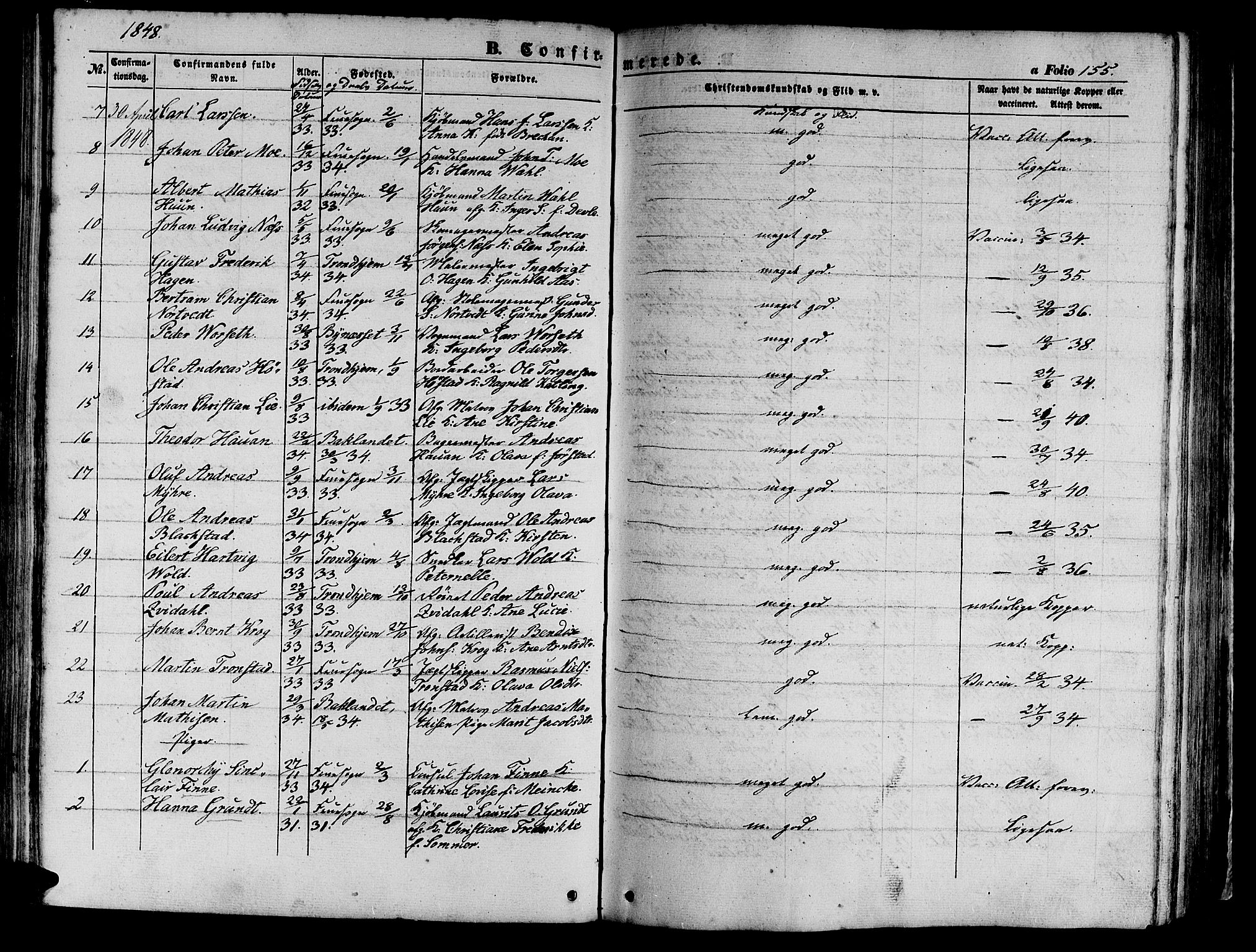 Ministerialprotokoller, klokkerbøker og fødselsregistre - Sør-Trøndelag, SAT/A-1456/602/L0137: Parish register (copy) no. 602C05, 1846-1856, p. 155