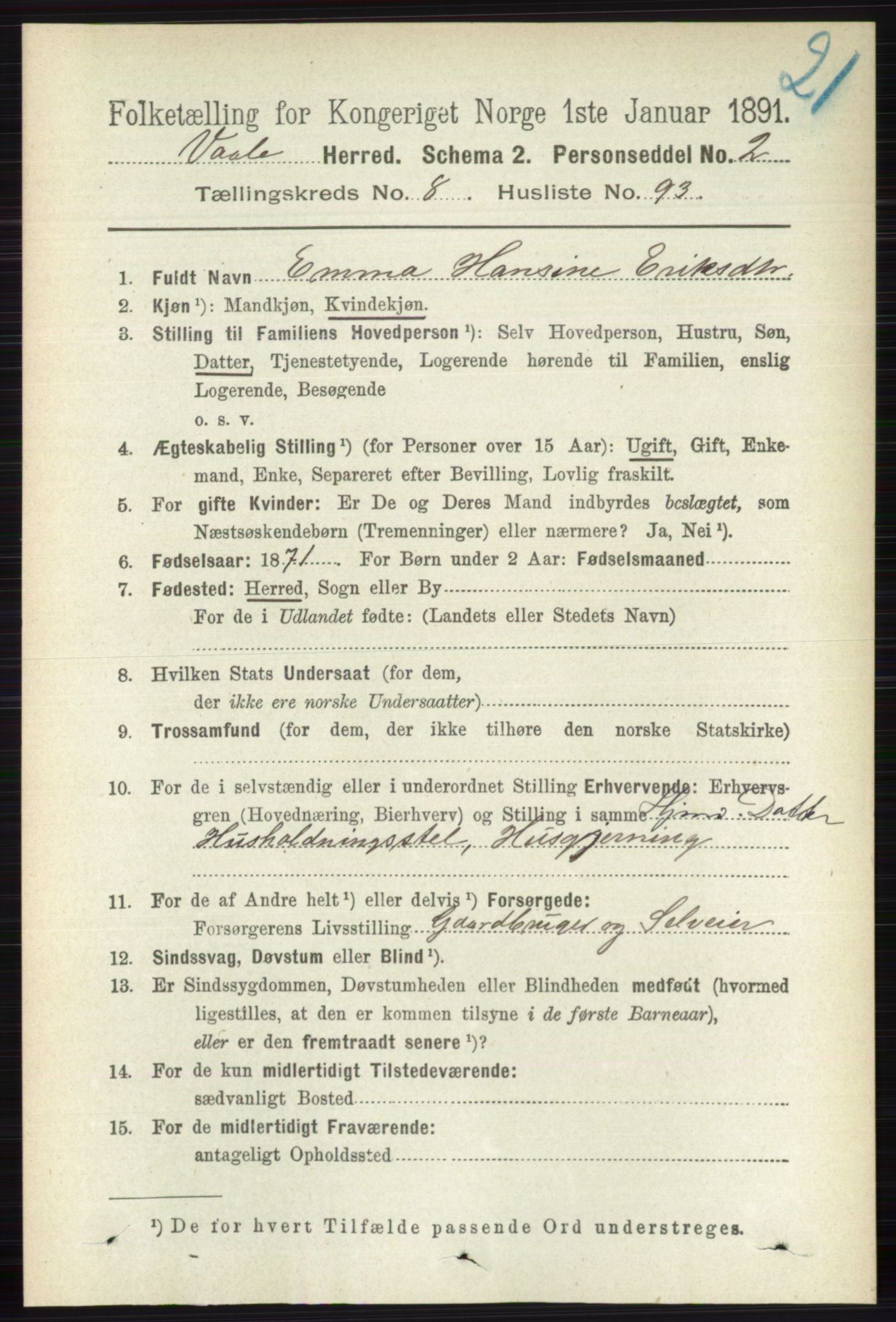 RA, 1891 census for 0716 Våle, 1891, p. 3363