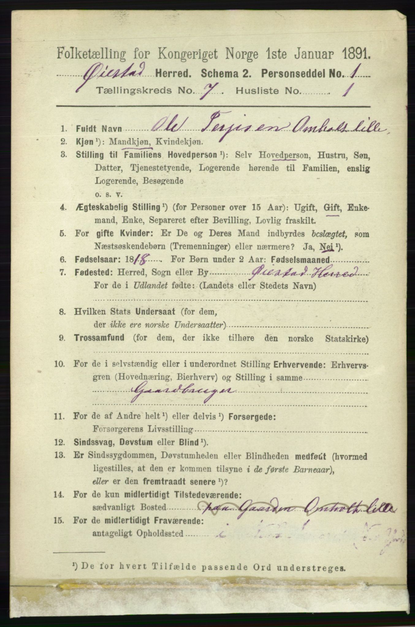 RA, 1891 census for 0920 Øyestad, 1891, p. 2655