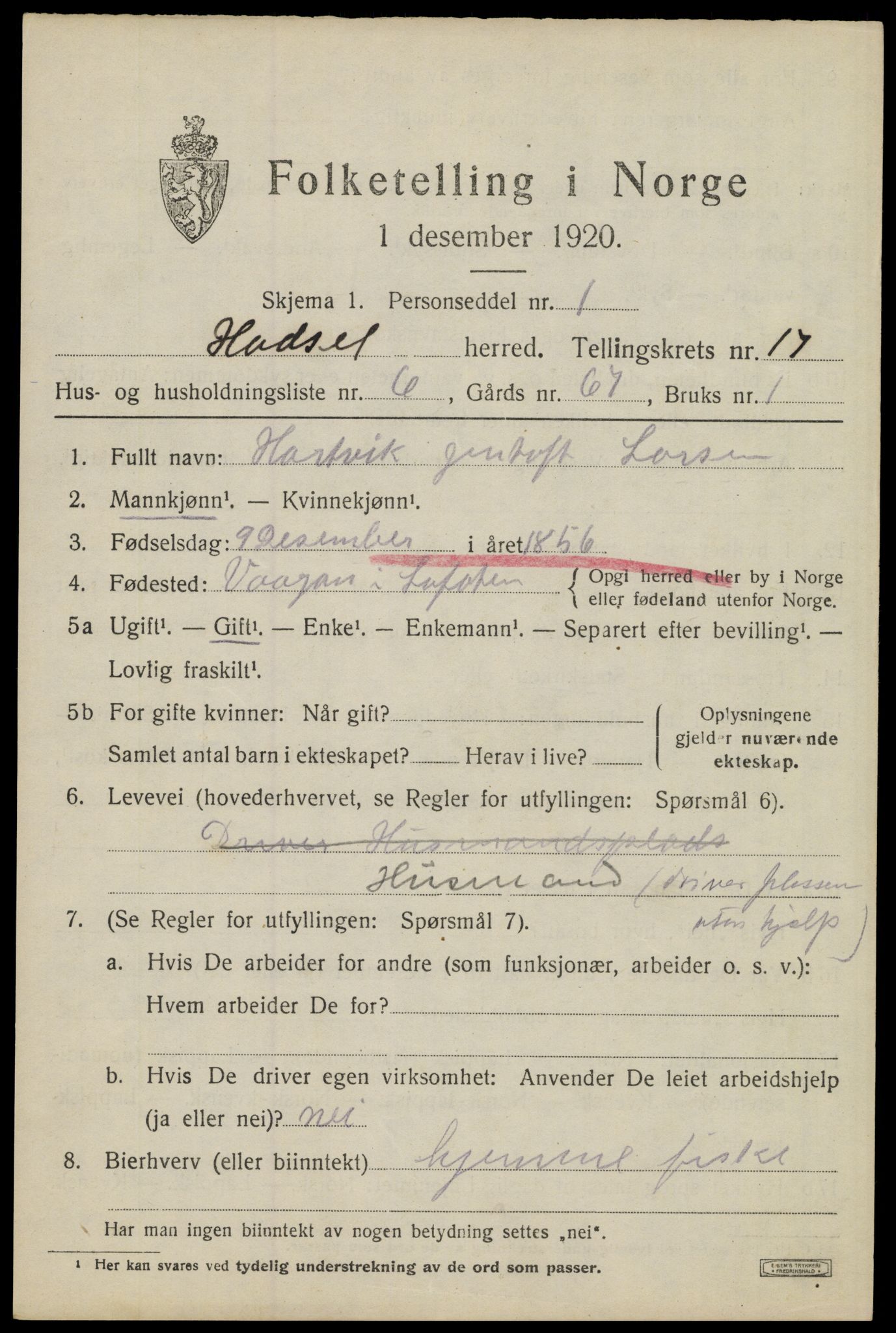 SAT, 1920 census for Hadsel, 1920, p. 15754