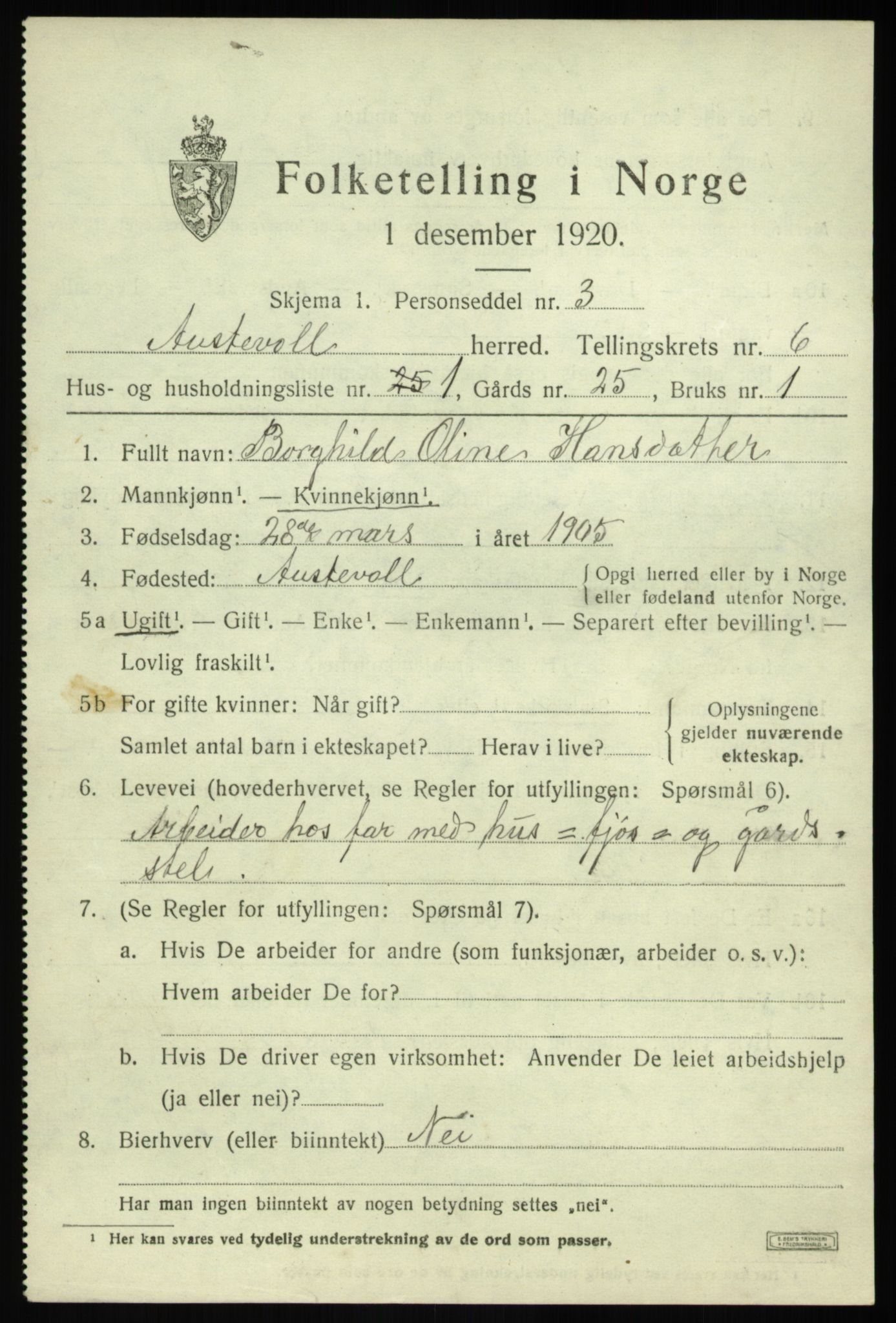 SAB, 1920 census for Austevoll, 1920, p. 3158