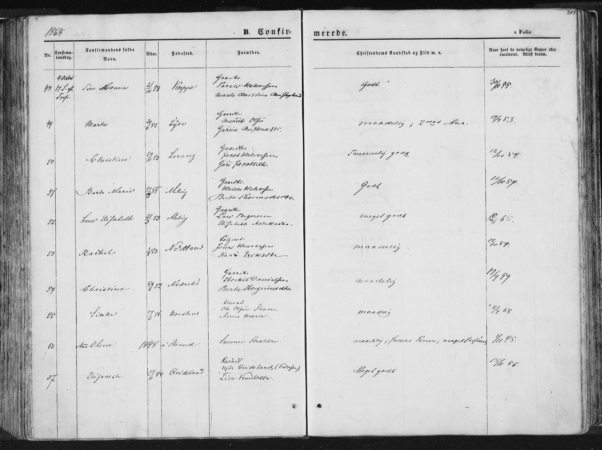 Høgsfjord sokneprestkontor, AV/SAST-A-101624/H/Ha/Haa/L0001: Parish register (official) no. A 1, 1854-1875, p. 203