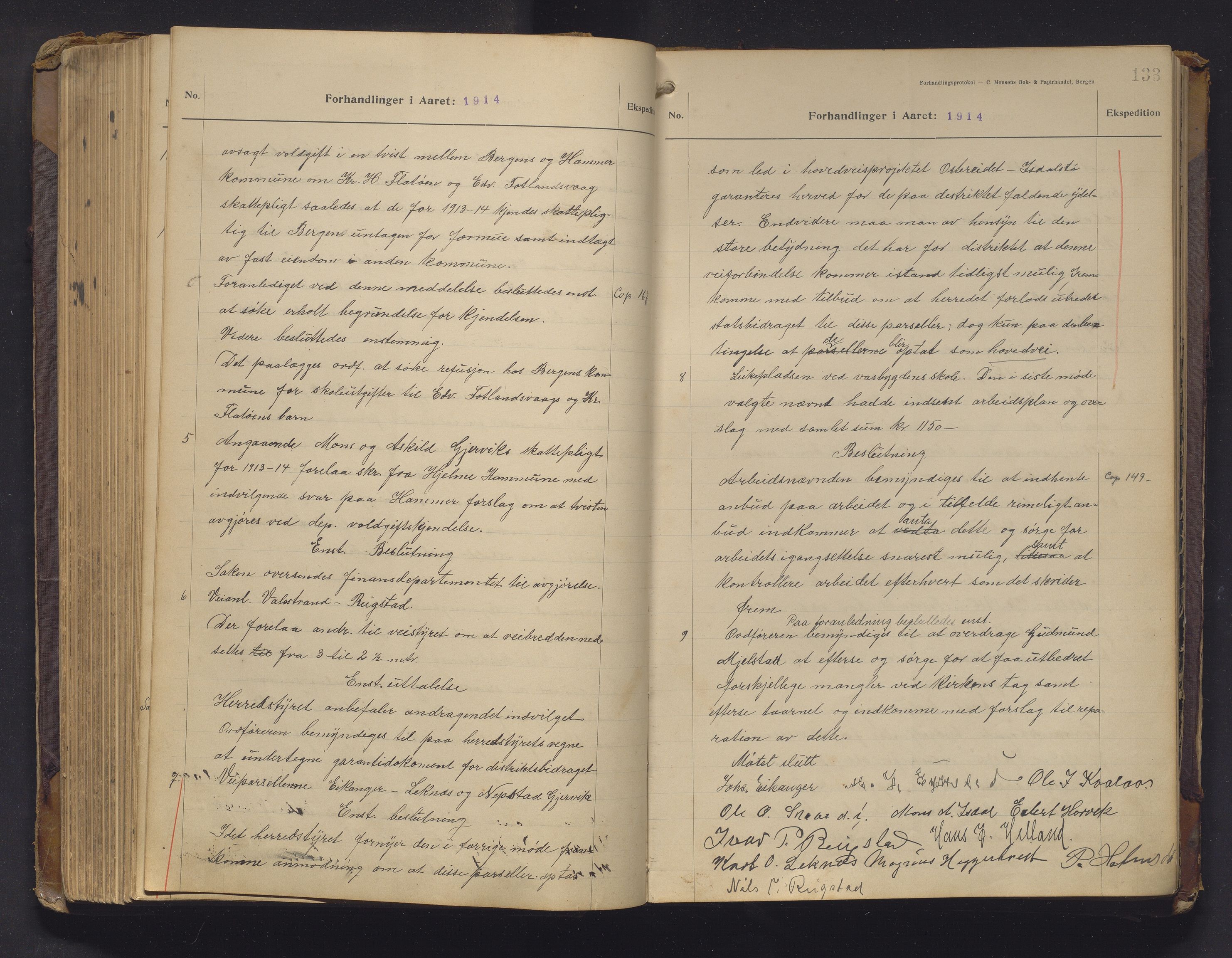 Hamre kommune. Formannskapet, IKAH/1254-021/A/Aa/L0006: Møtebok for Hamre formannskap og heradsstyre, 1909-1918, p. 133