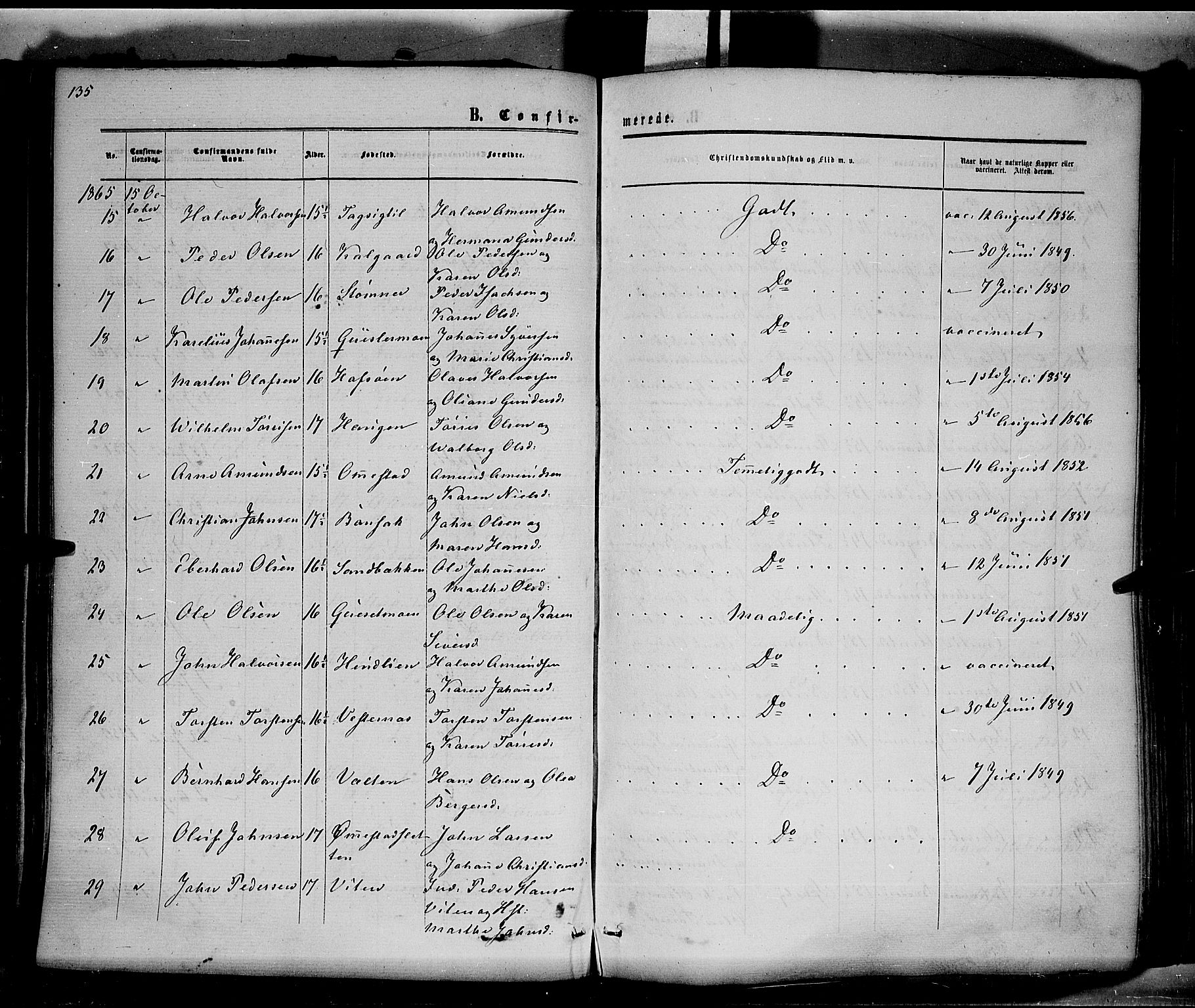 Hof prestekontor, AV/SAH-PREST-038/H/Ha/Haa/L0009: Parish register (official) no. 9, 1862-1877, p. 135