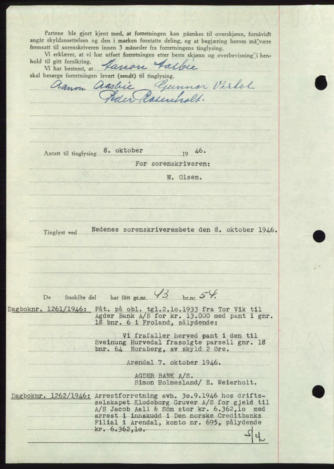 Nedenes sorenskriveri, AV/SAK-1221-0006/G/Gb/Gba/L0056: Mortgage book no. A8, 1946-1947, Diary no: : 1260/1946