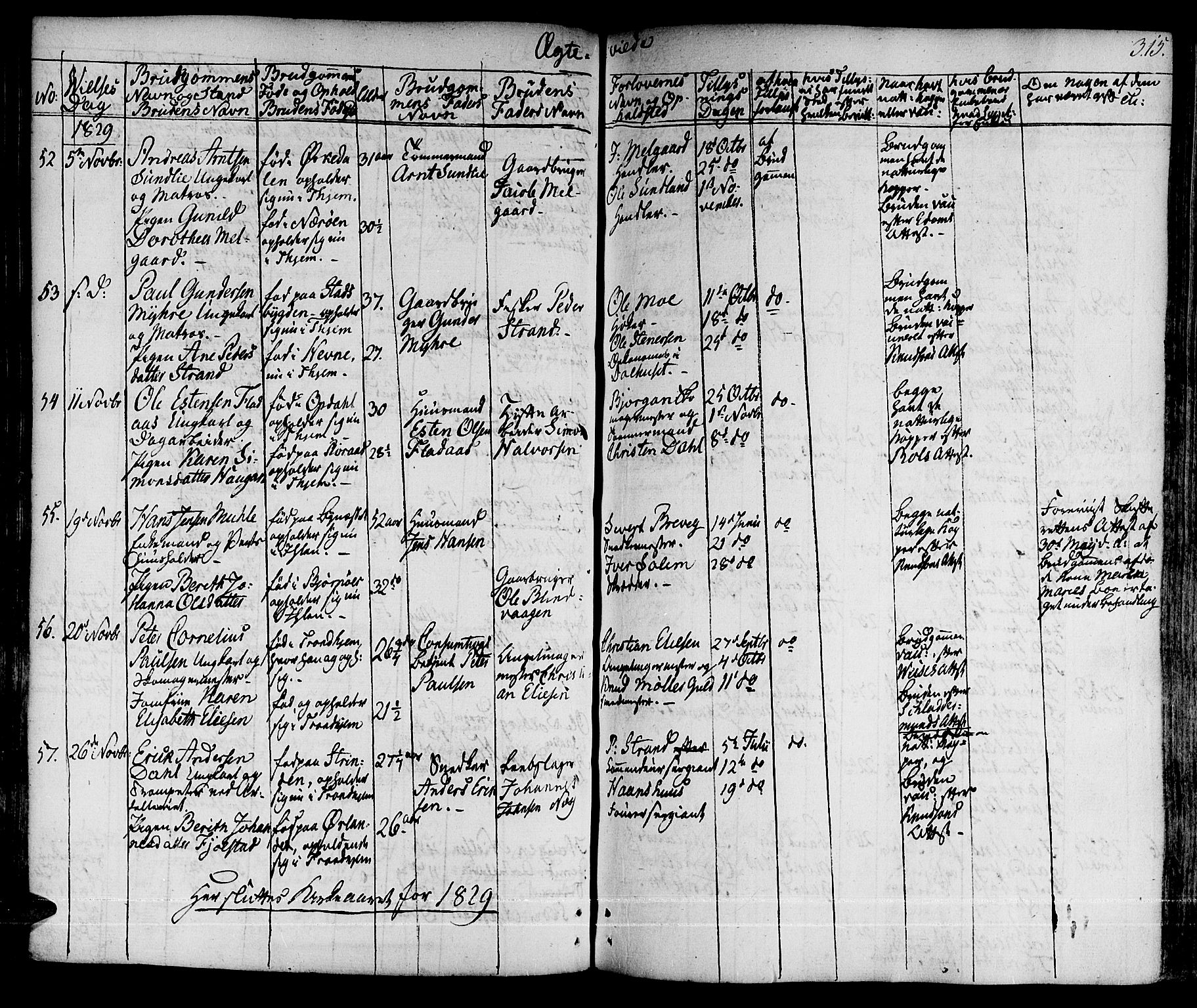 Ministerialprotokoller, klokkerbøker og fødselsregistre - Sør-Trøndelag, SAT/A-1456/601/L0045: Parish register (official) no. 601A13, 1821-1831, p. 315