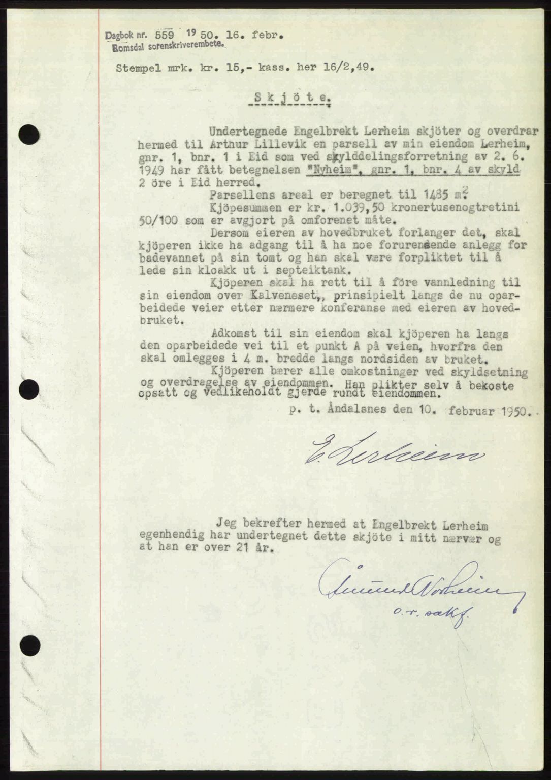 Romsdal sorenskriveri, AV/SAT-A-4149/1/2/2C: Mortgage book no. A32, 1950-1950, Diary no: : 559/1950