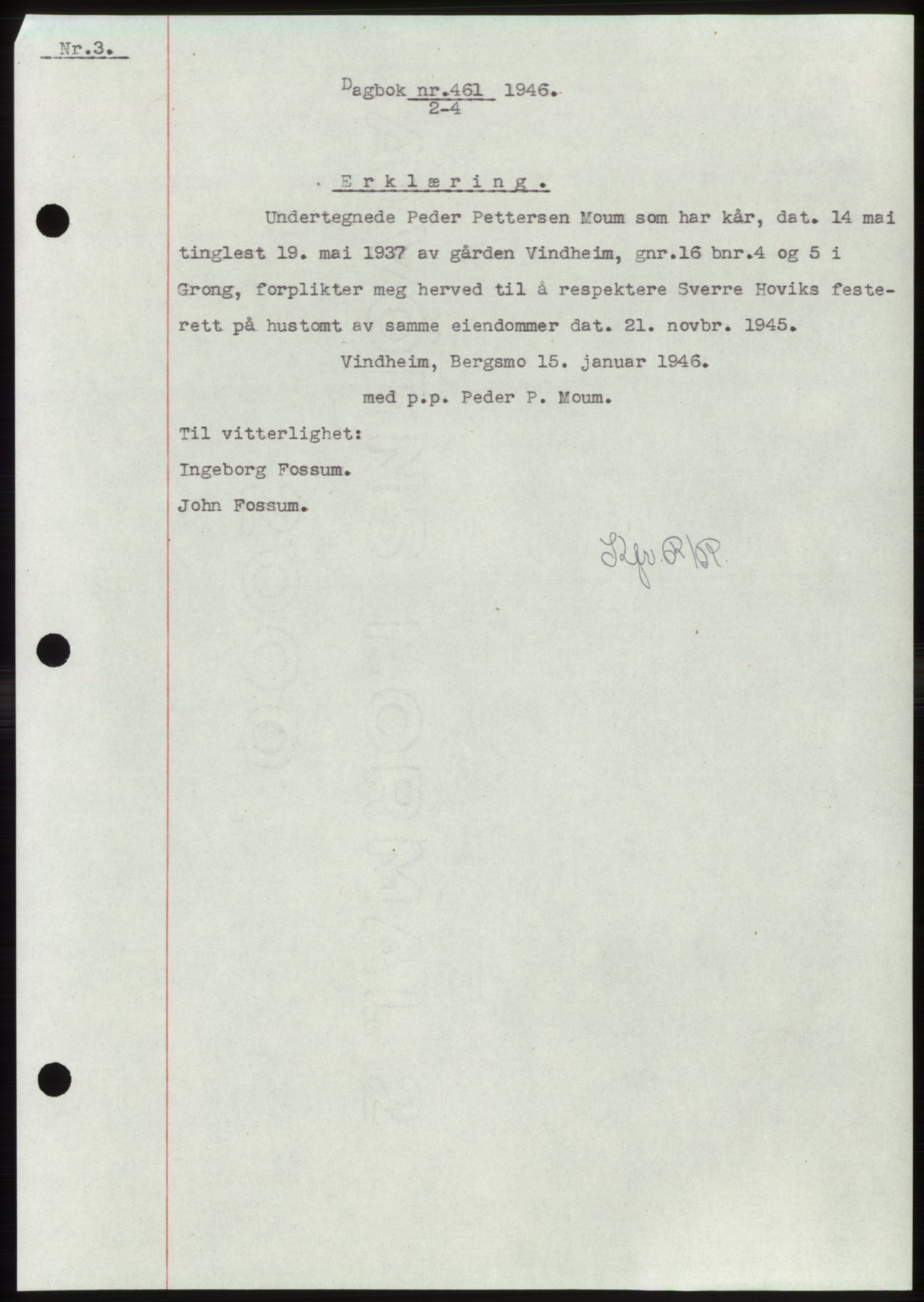 Namdal sorenskriveri, AV/SAT-A-4133/1/2/2C: Mortgage book no. -, 1946-1946, Diary no: : 461/1946