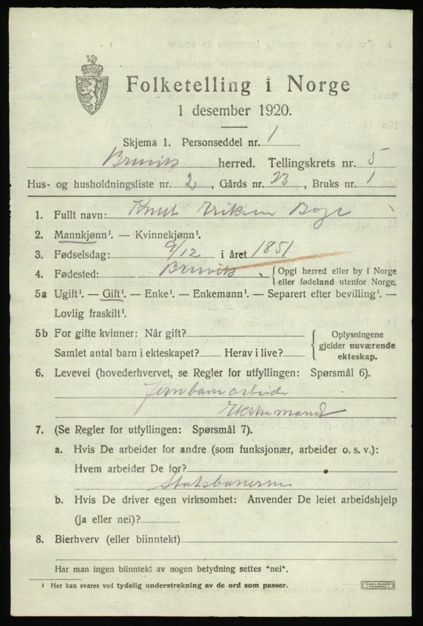 SAB, 1920 census for Bruvik, 1920, p. 2640