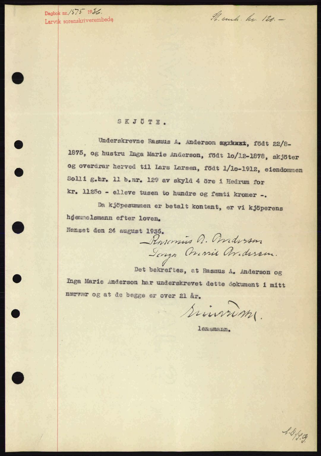 Larvik sorenskriveri, SAKO/A-83/G/Ga/Gab/L0067: Mortgage book no. A-1, 1936-1937, Diary no: : 1515/1936